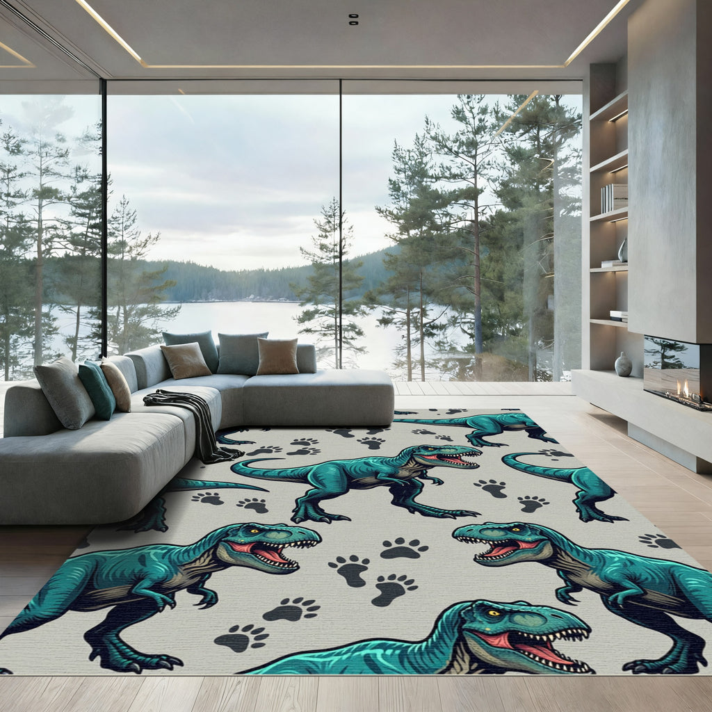 Teal T-Rex Dinosaur Footprint Illustration Rug