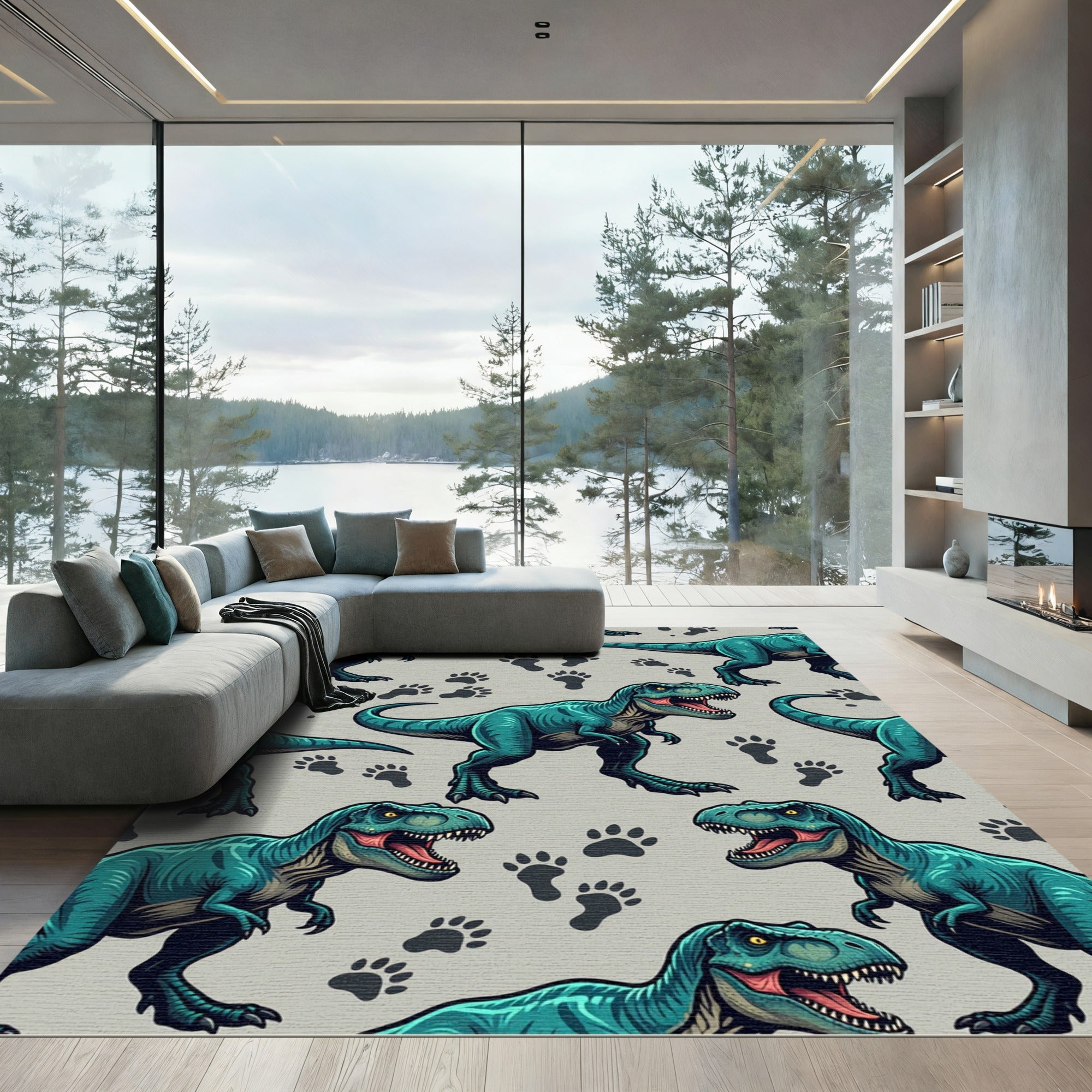 Teal T-Rex Dinosaur Footprint Illustration Rug
