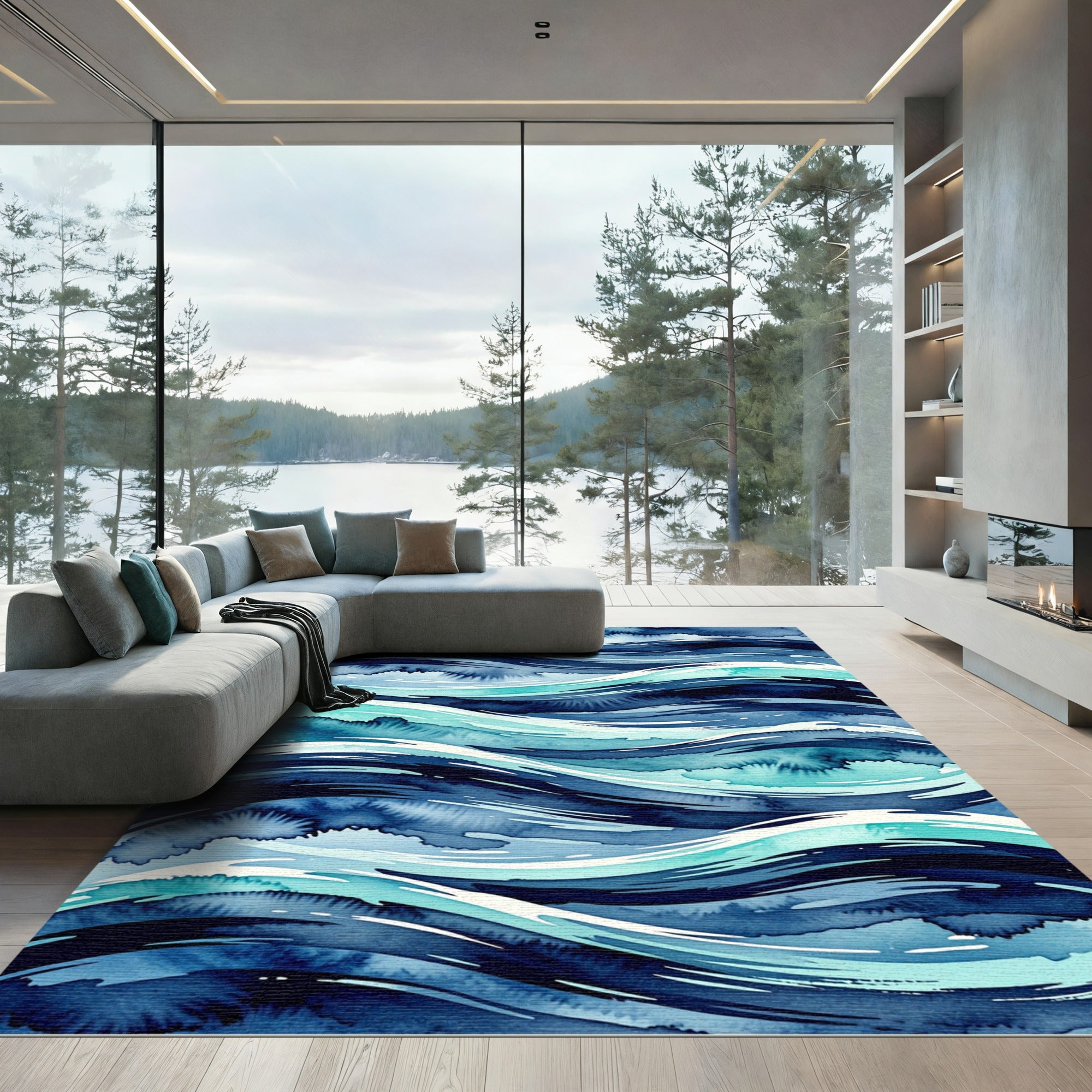 Modern Indigo Abstract Ocean Wave Rug