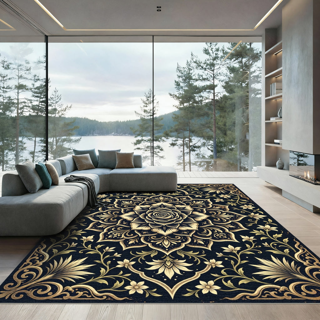 Golden Rose Floral Medallion Black Floor Rug