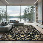 Golden Rose Floral Medallion Black Floor Rug