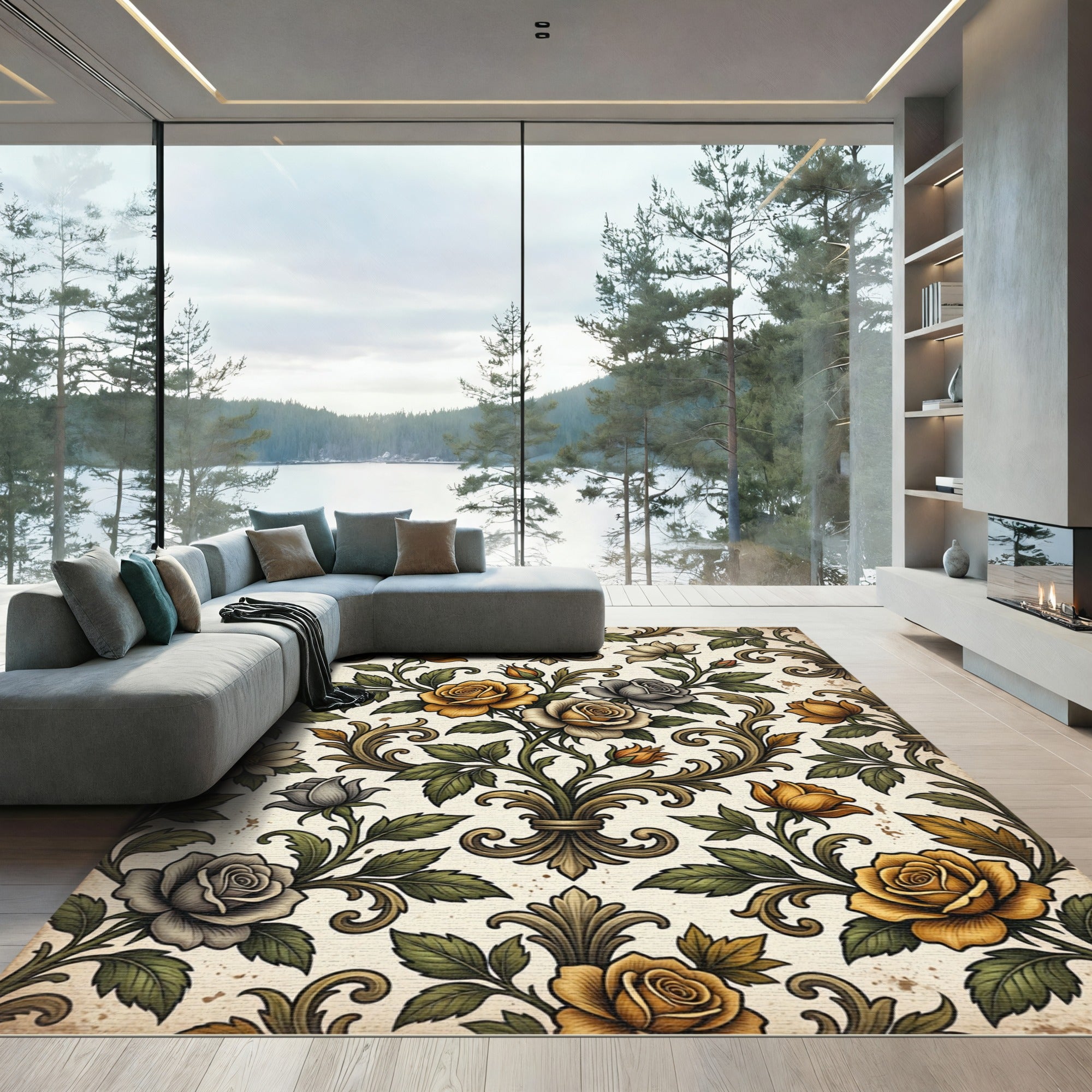 Vintage Golden Rose Baroque Scroll Rug