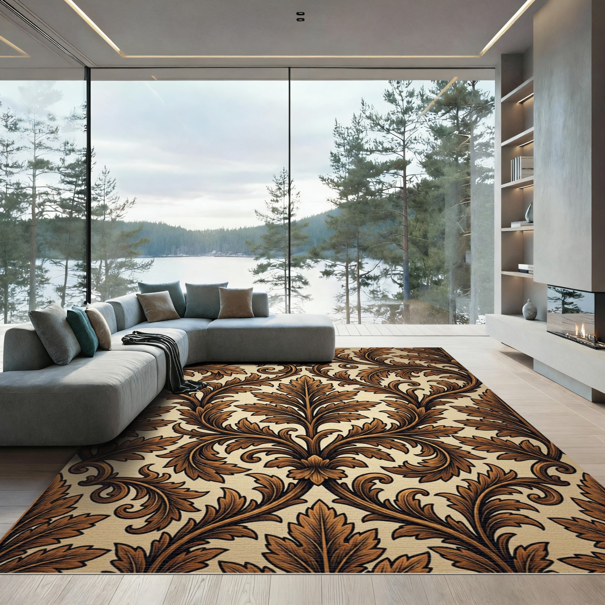 Elegant Brown Bronze Acanthus Scroll Rug