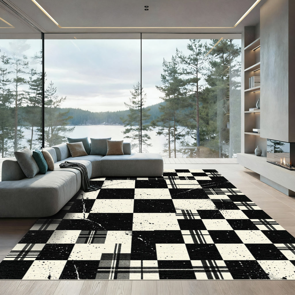 Monochromatic Plaid Checkerboard Splatter Rug