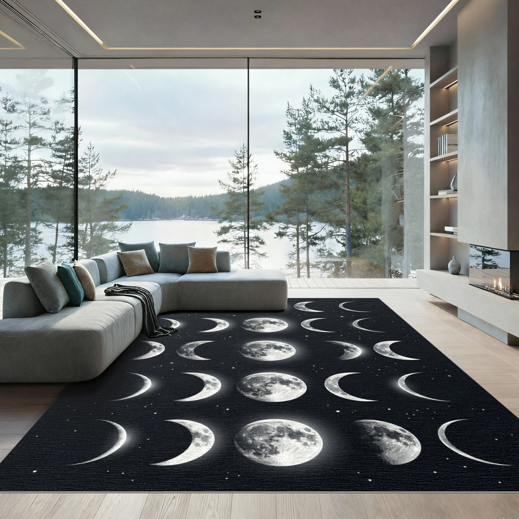 Celestial Monochrome Lunar Phase Art Rug