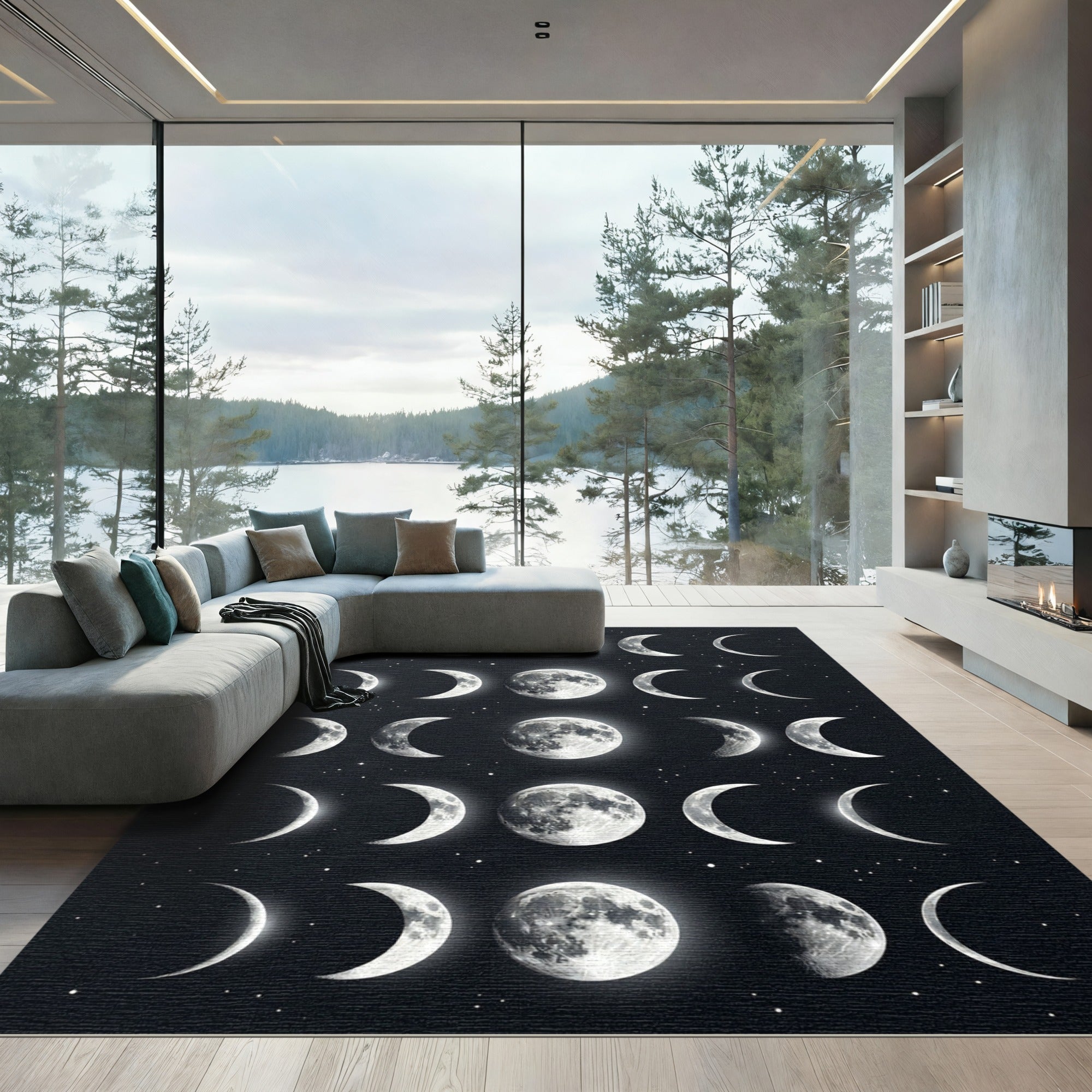 Celestial Monochrome Lunar Phase Art Rug