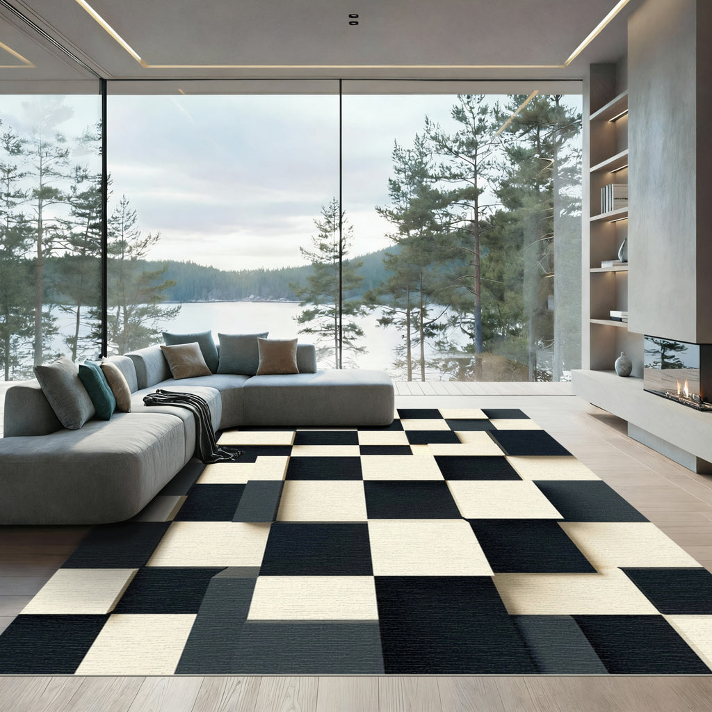 Monochromatic Cubist Checkerboard Wall Decor Rug