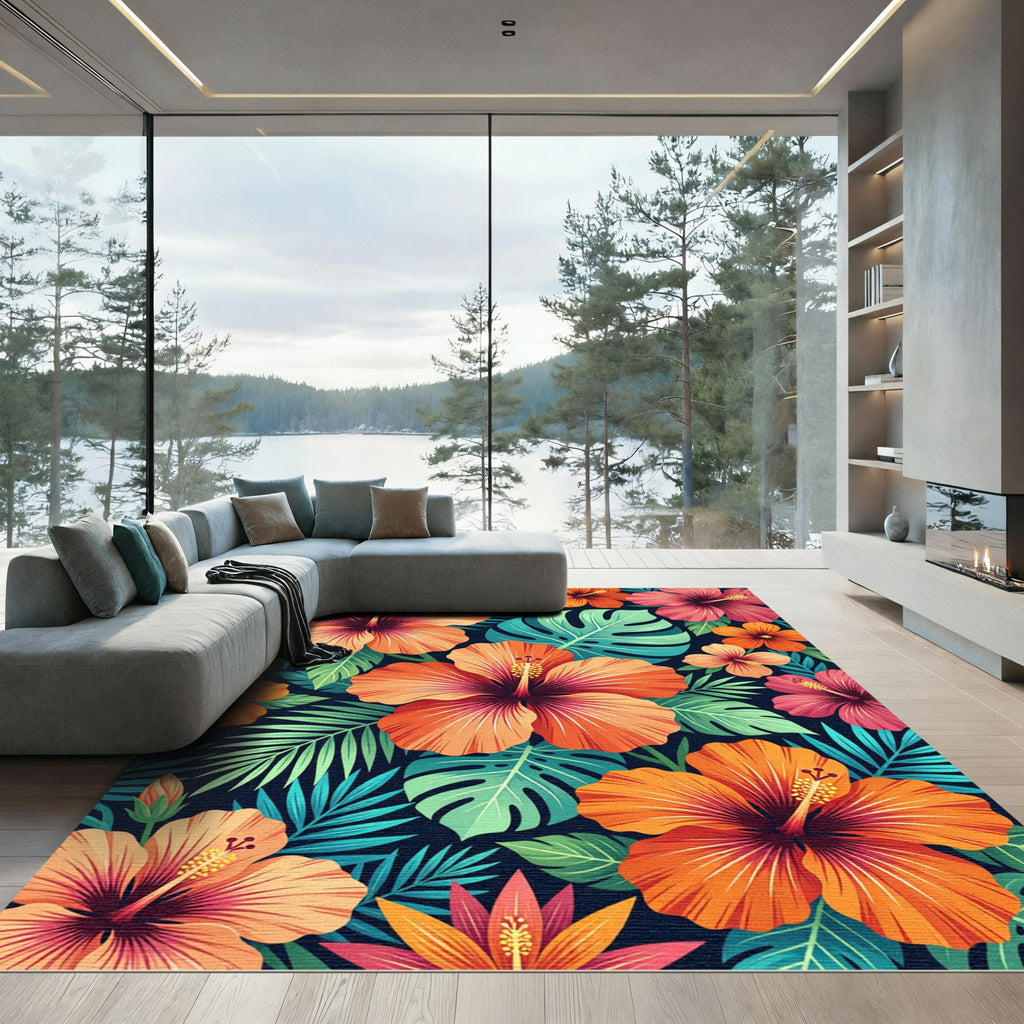 Vibrant Tropical Hibiscus Floral Art Rug