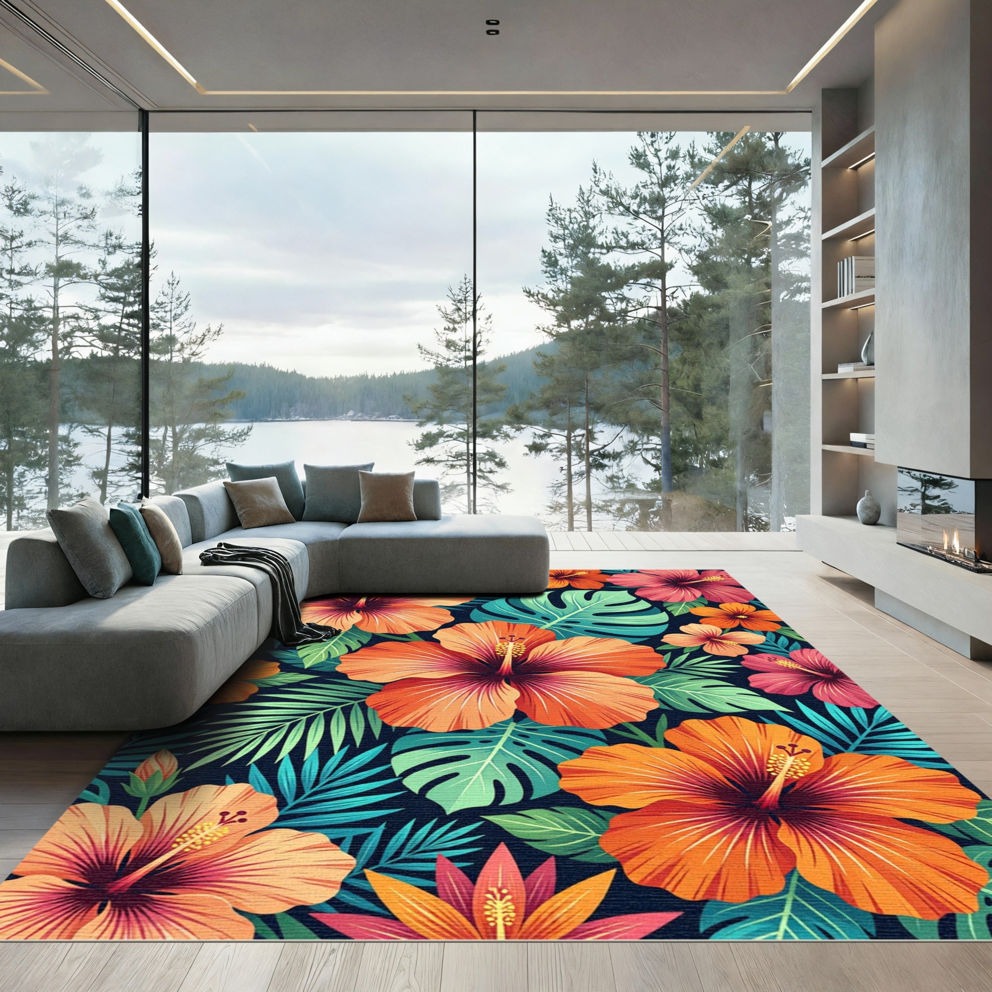 Vibrant Tropical Hibiscus Floral Art Rug