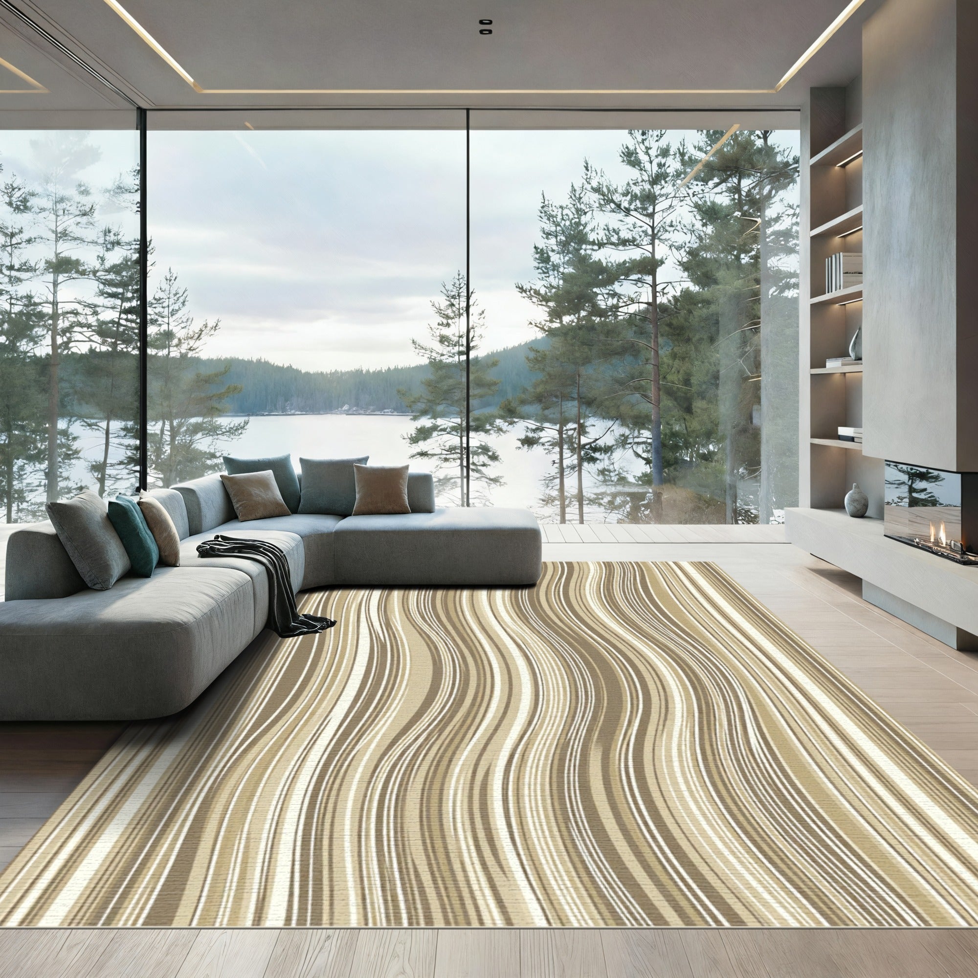 Beige Wavy Texture Neutral Striped Rug