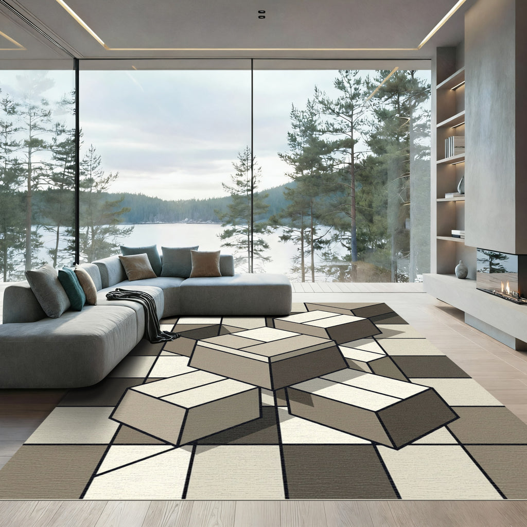 Geometric Cubes In Neutral Tones Rug