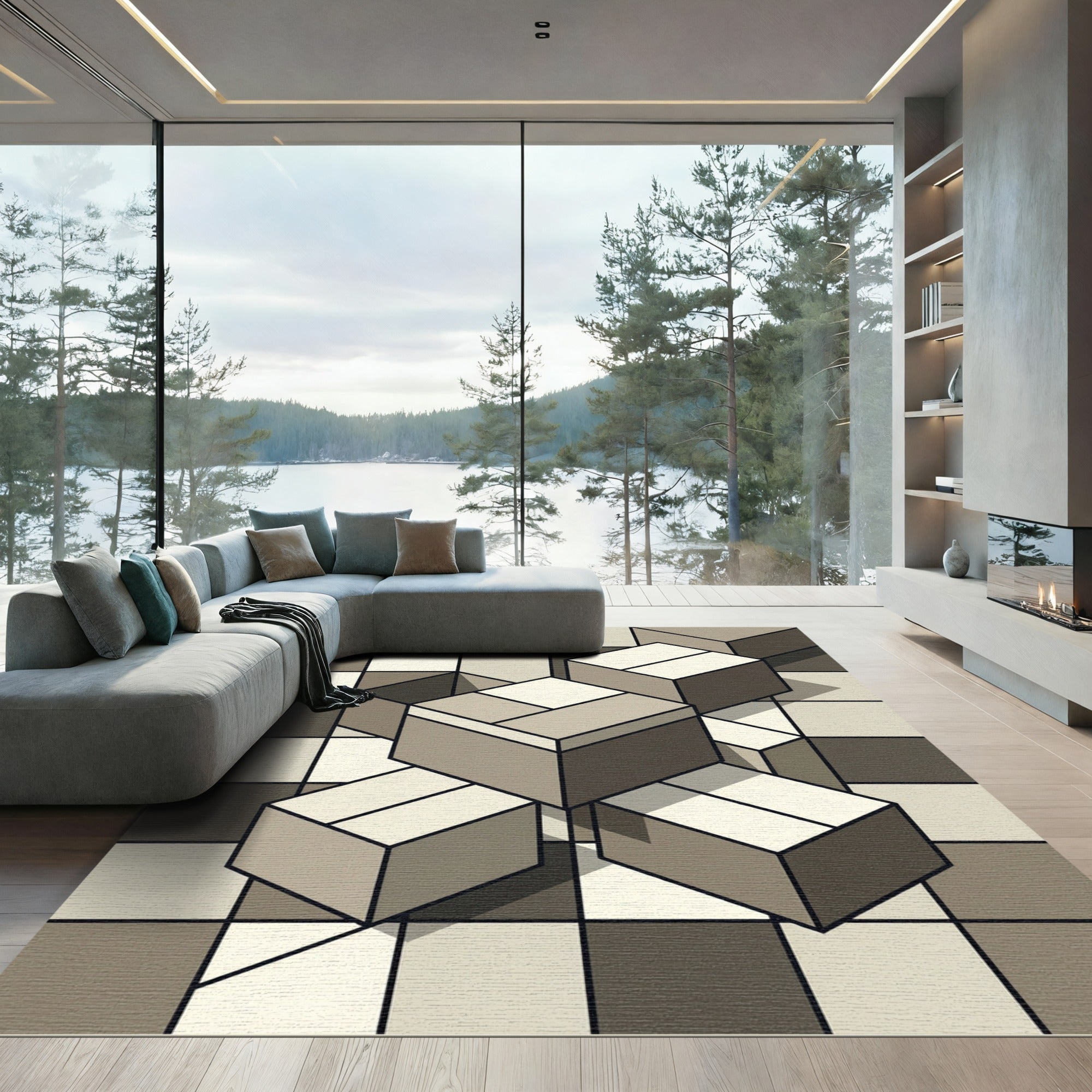 Geometric Cubes In Neutral Tones Rug
