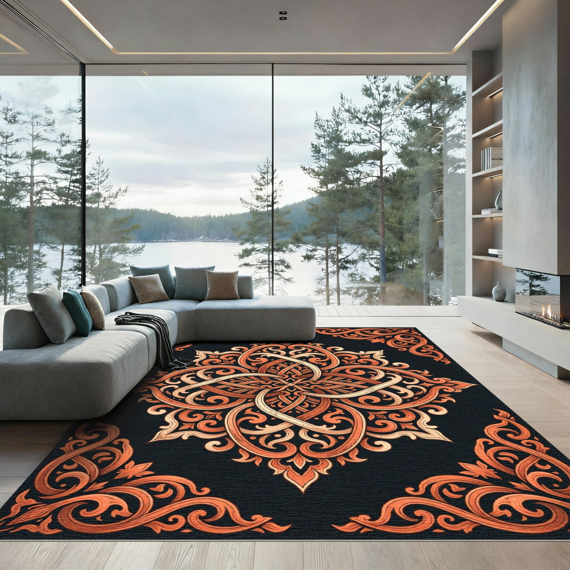 Orange Filigree Ornate Damask Medallion Rug