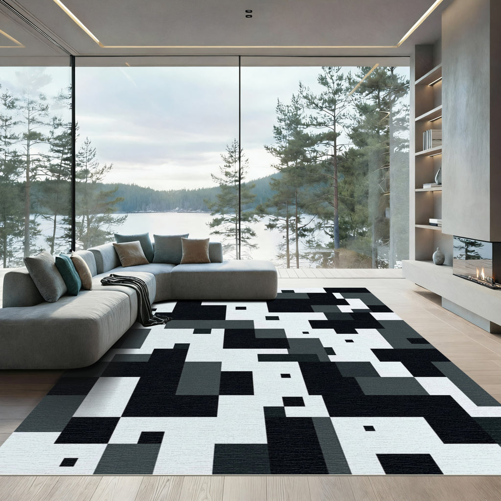Monochrome Pixelated Geometric Block Rug