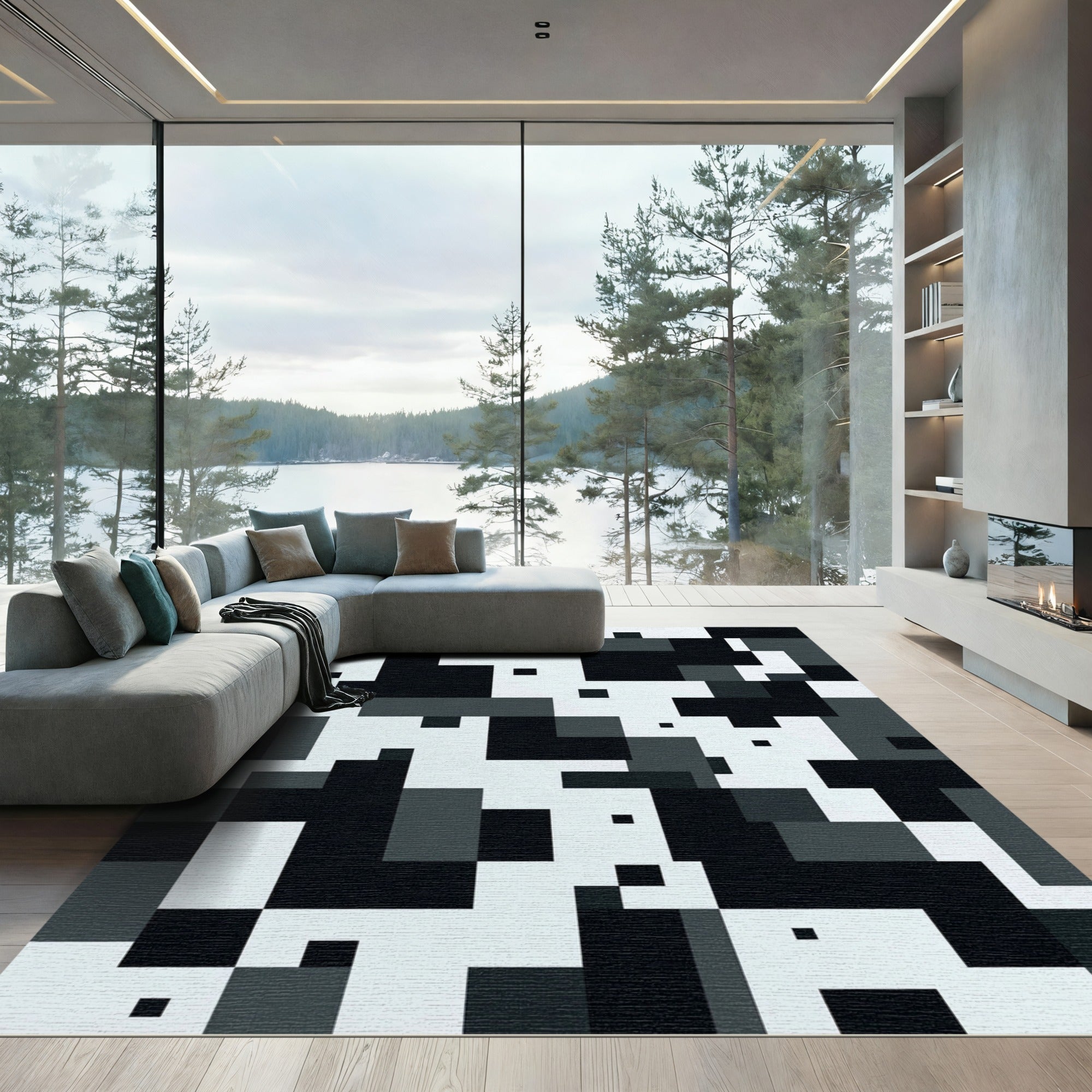 Monochrome Pixelated Geometric Block Rug