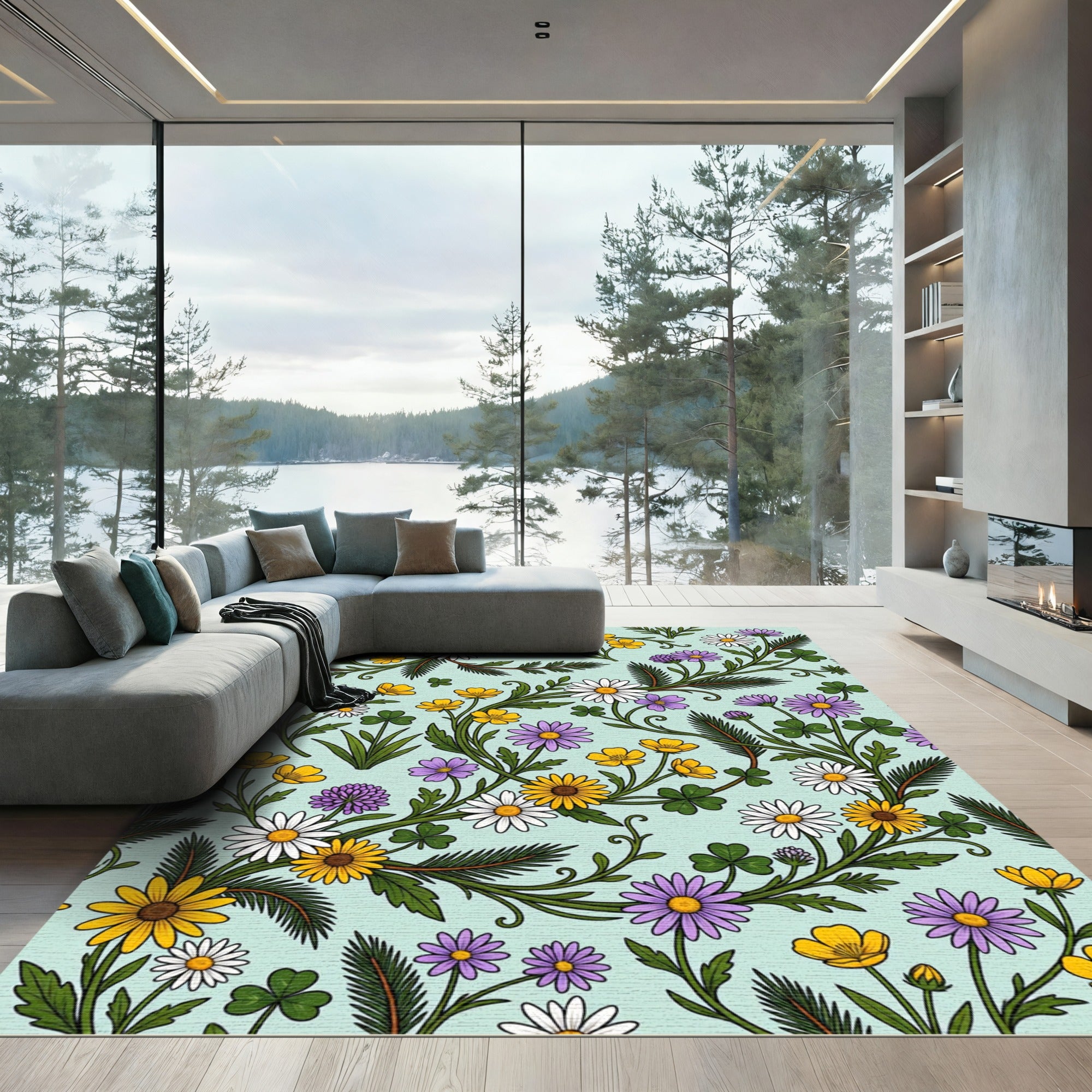 Pastel Floral Vines with Daisies and Clovers Rug