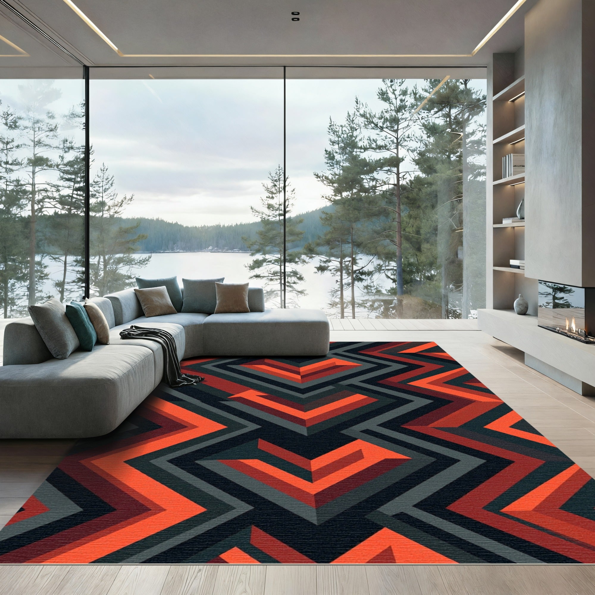 Modern Geometric Chevron Abstract Crimson Rug