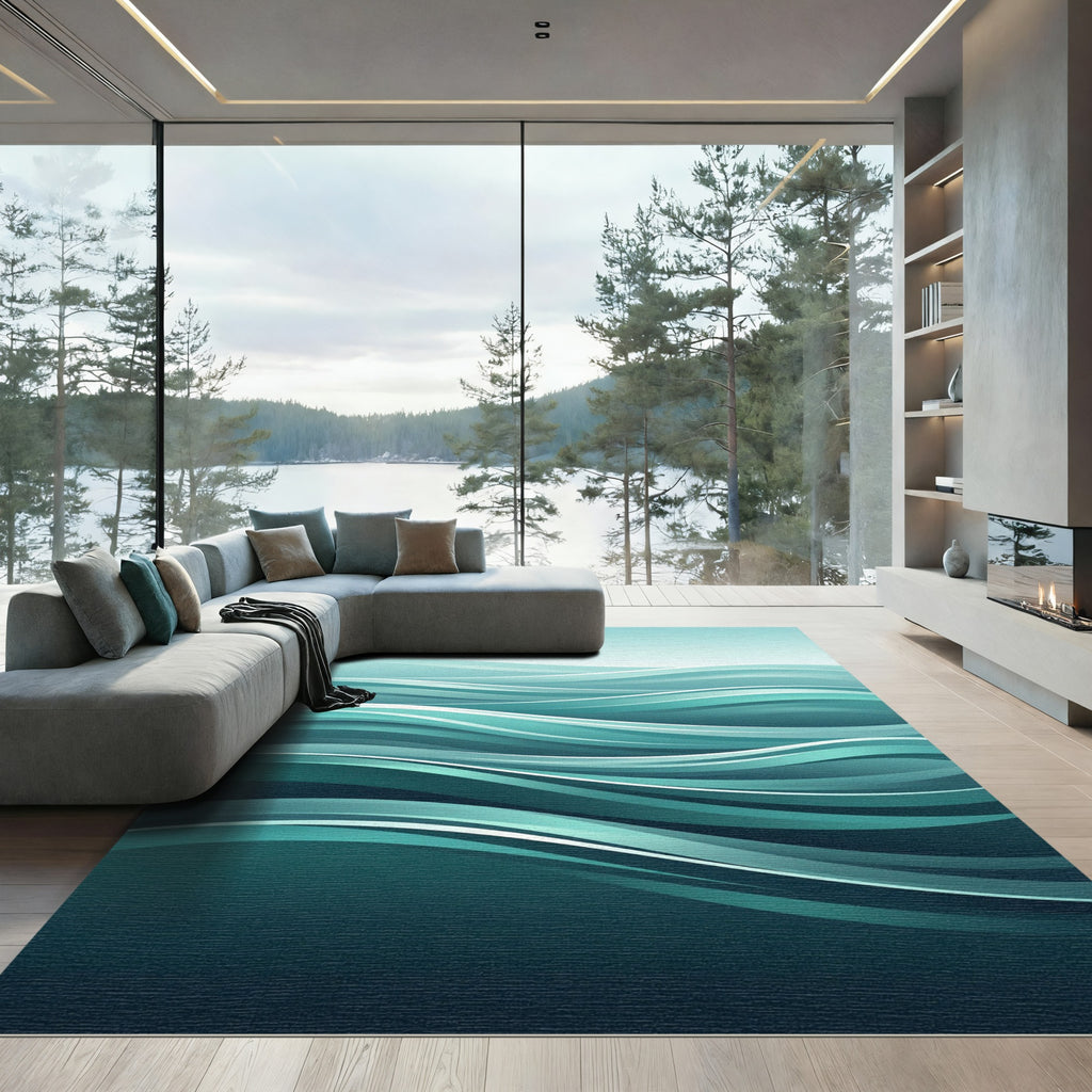 Abstract Teal Ocean Waves Rug