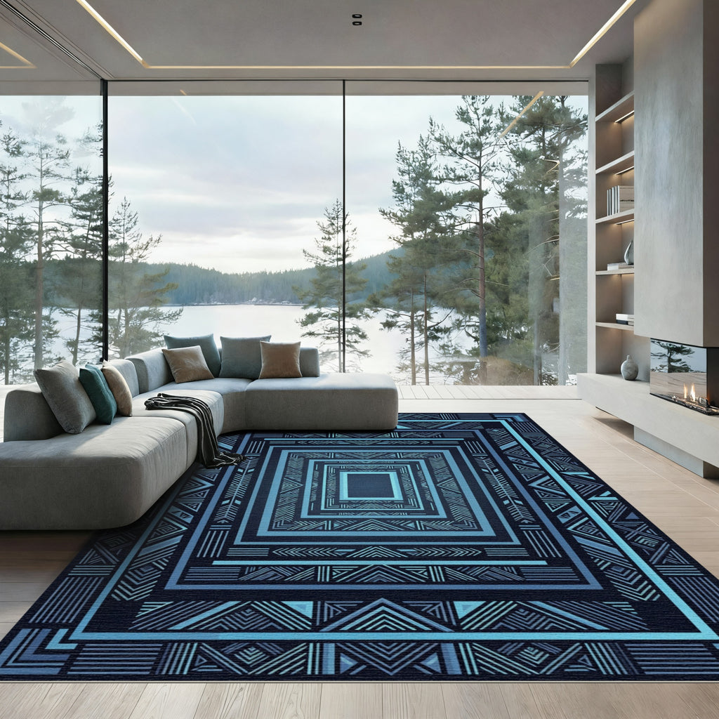 Deep Blue Geometric Abstract Squares Rug