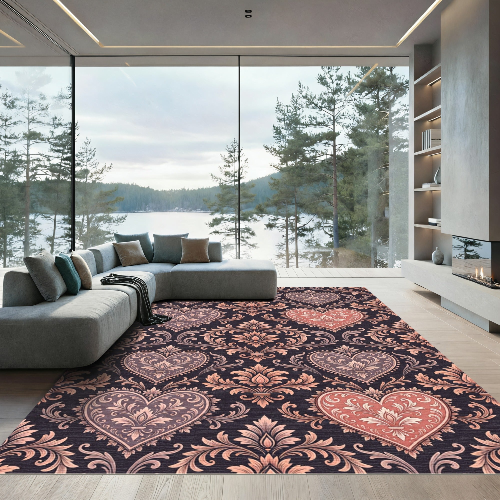 Damask Heart Floral Rococo Dusty Rose Rug