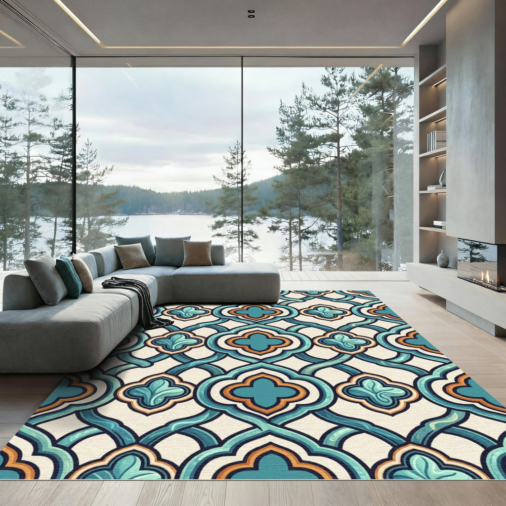 Turquoise Orange Lattice Quatrefoil Rug