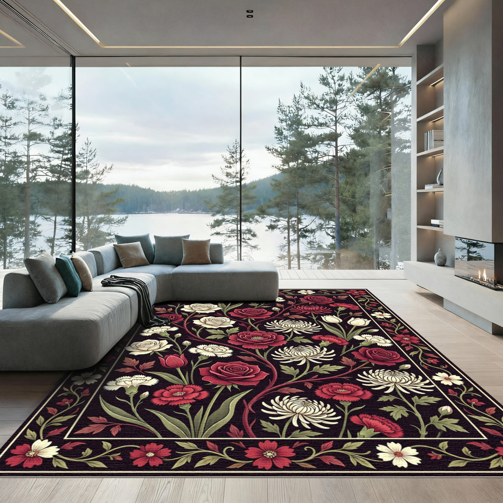 Rich Crimson Floral Garden Botanical Rug