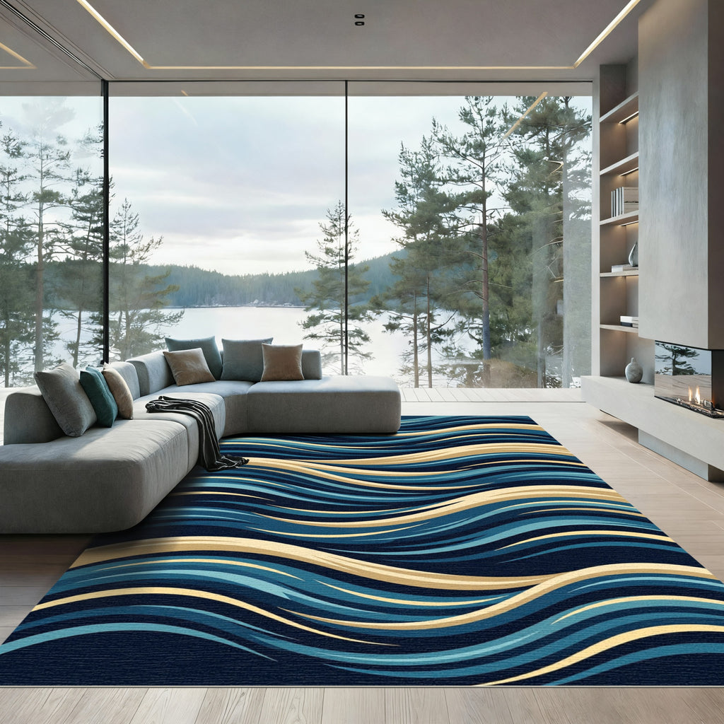 Abstract Golden Blue Flowing Wave Rug