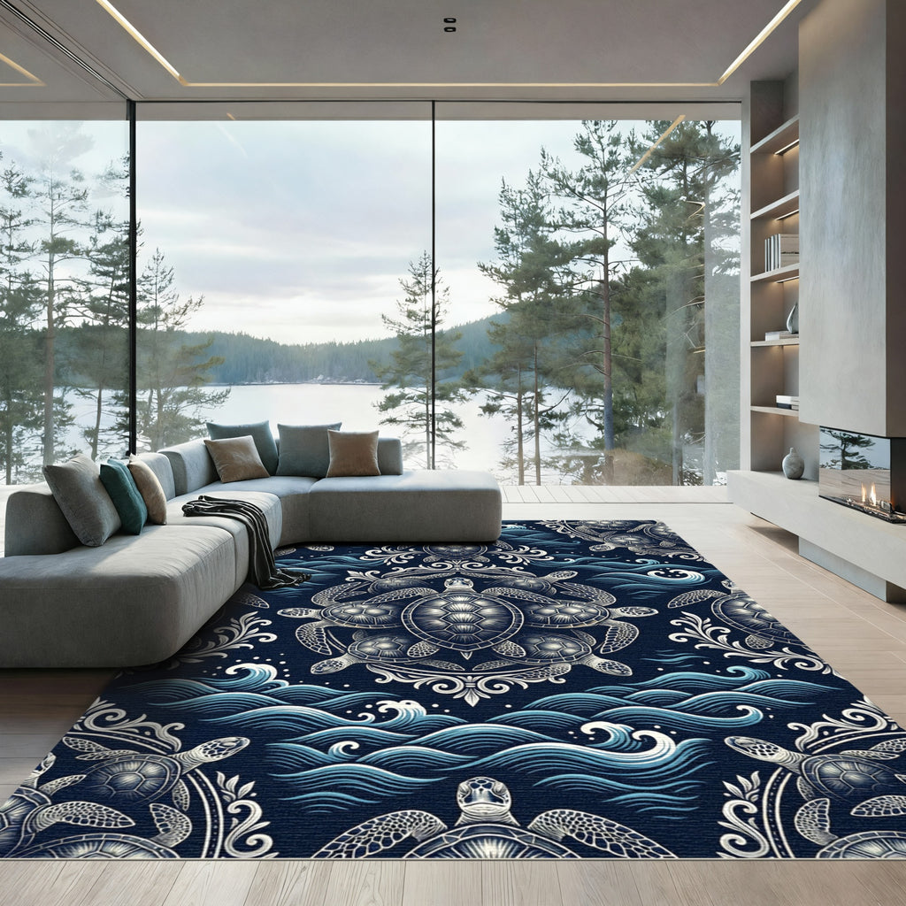 Ornate Midnight Blue Sea Turtle Illustration Rug