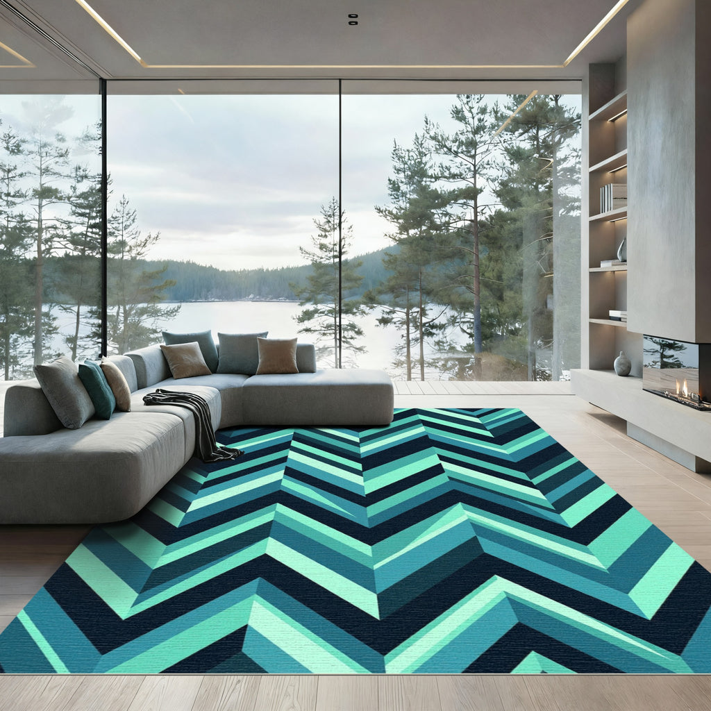 Teal Blue Chevron Geometric Accents Rug