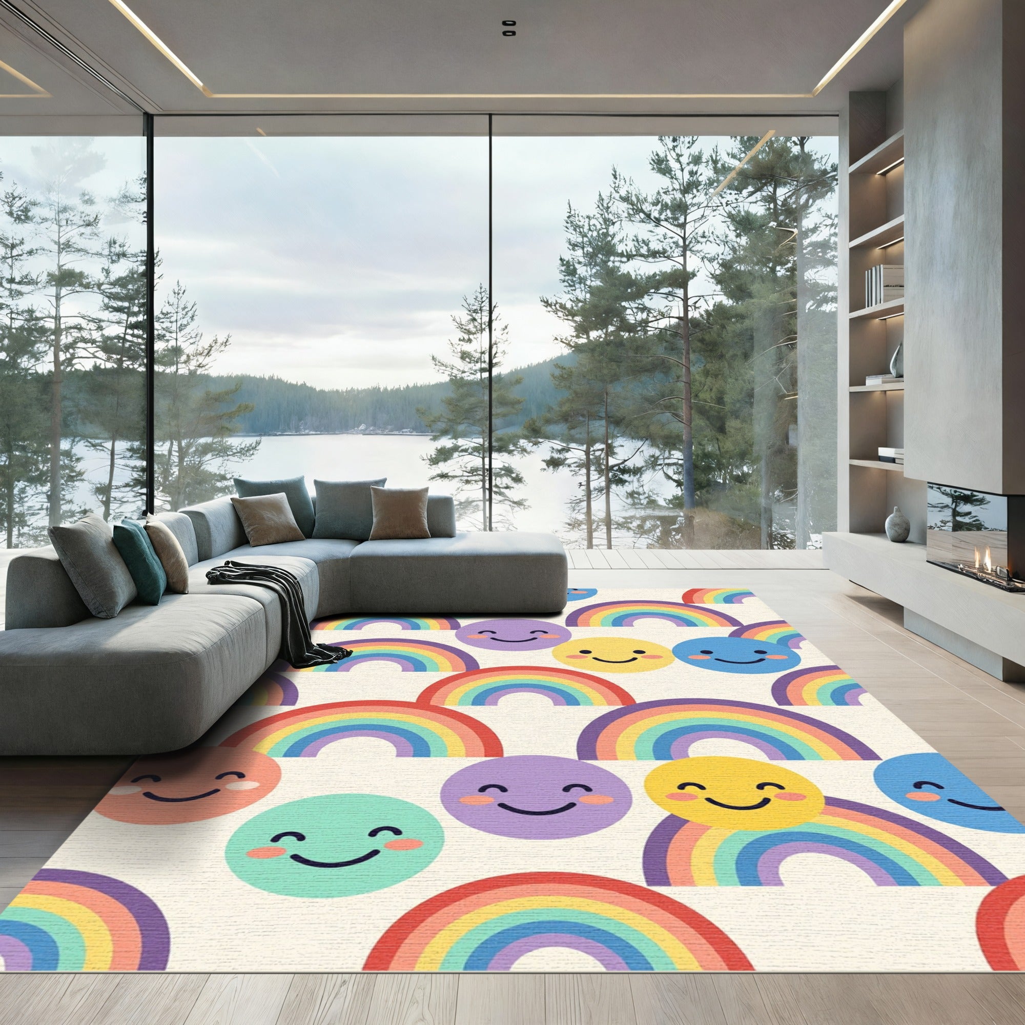 Cheerful Rainbow and Smiley Face Art Rug