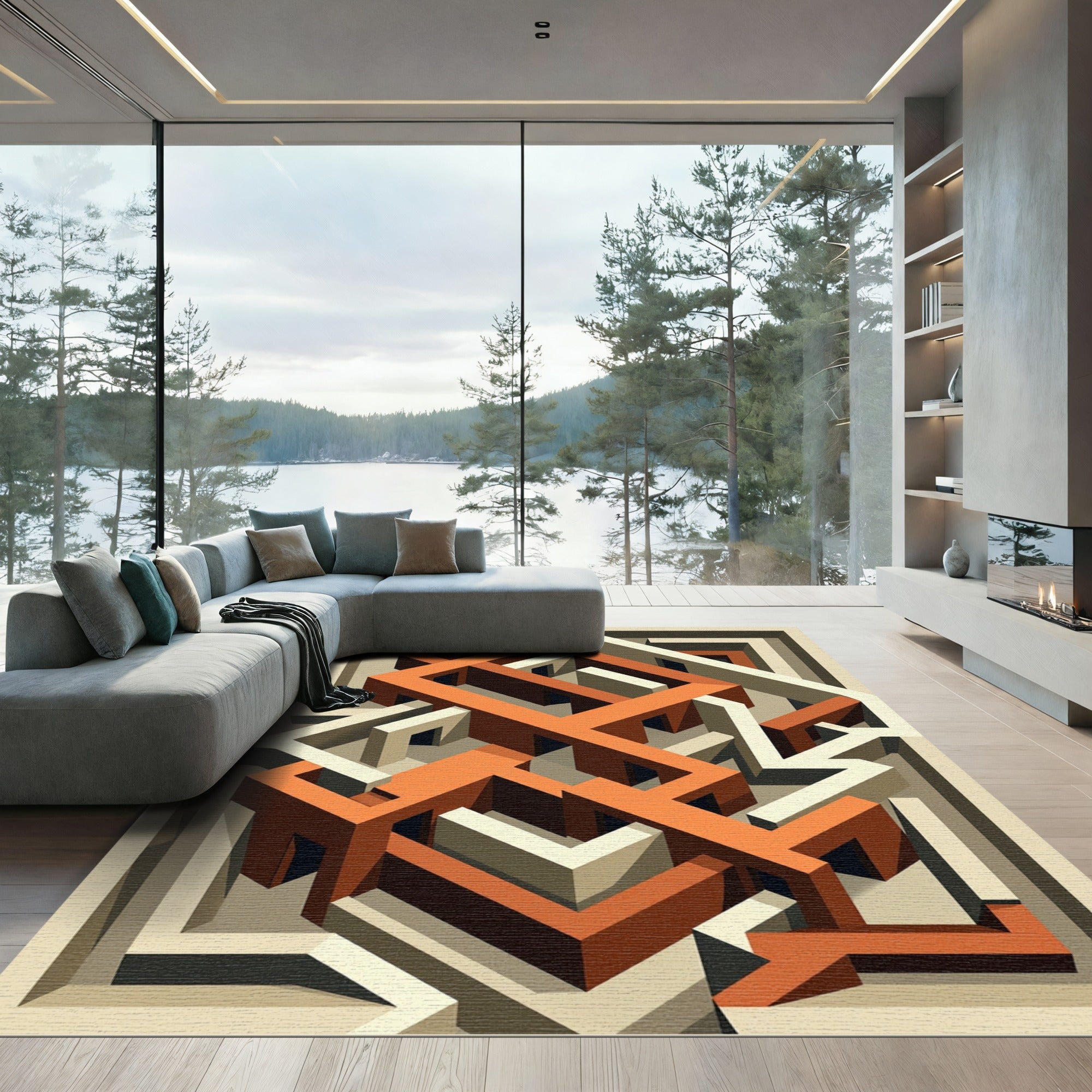 Isometric Terracotta Cream Geometric Labyrinth Rug