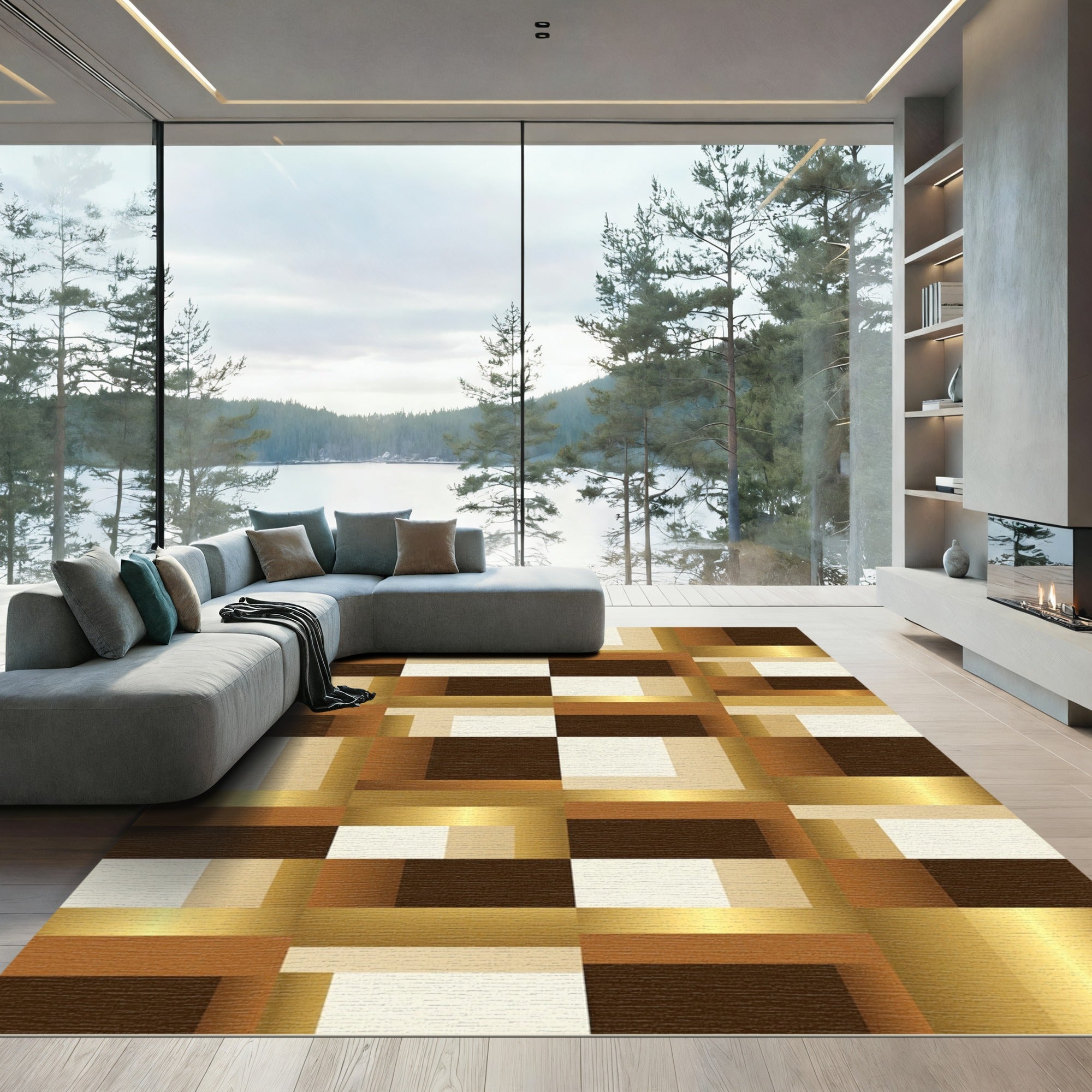 Metallic Brown and Cream Geometric Grid Rug