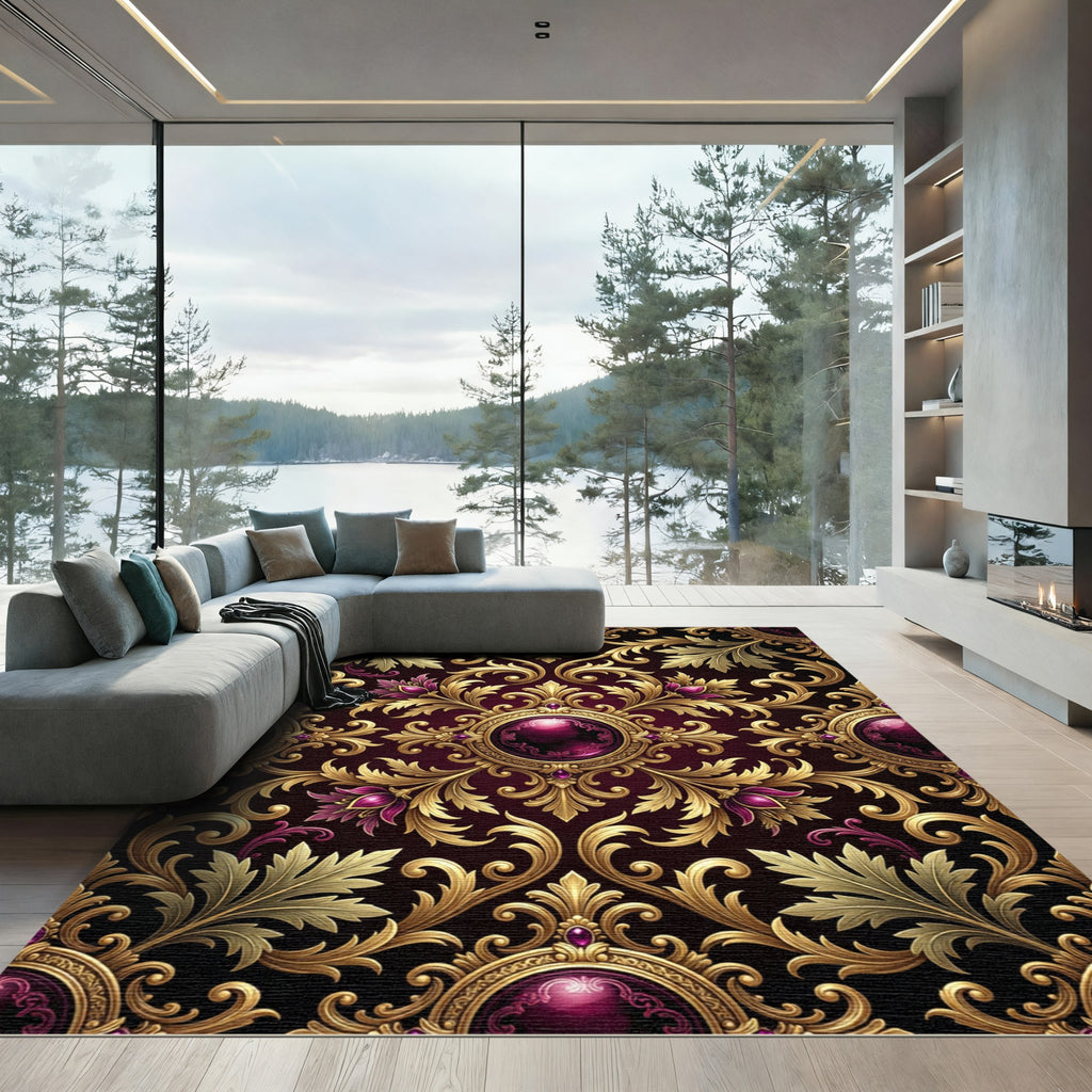 Ornate Gold Burgundy Floral Jeweled Medallion Rug