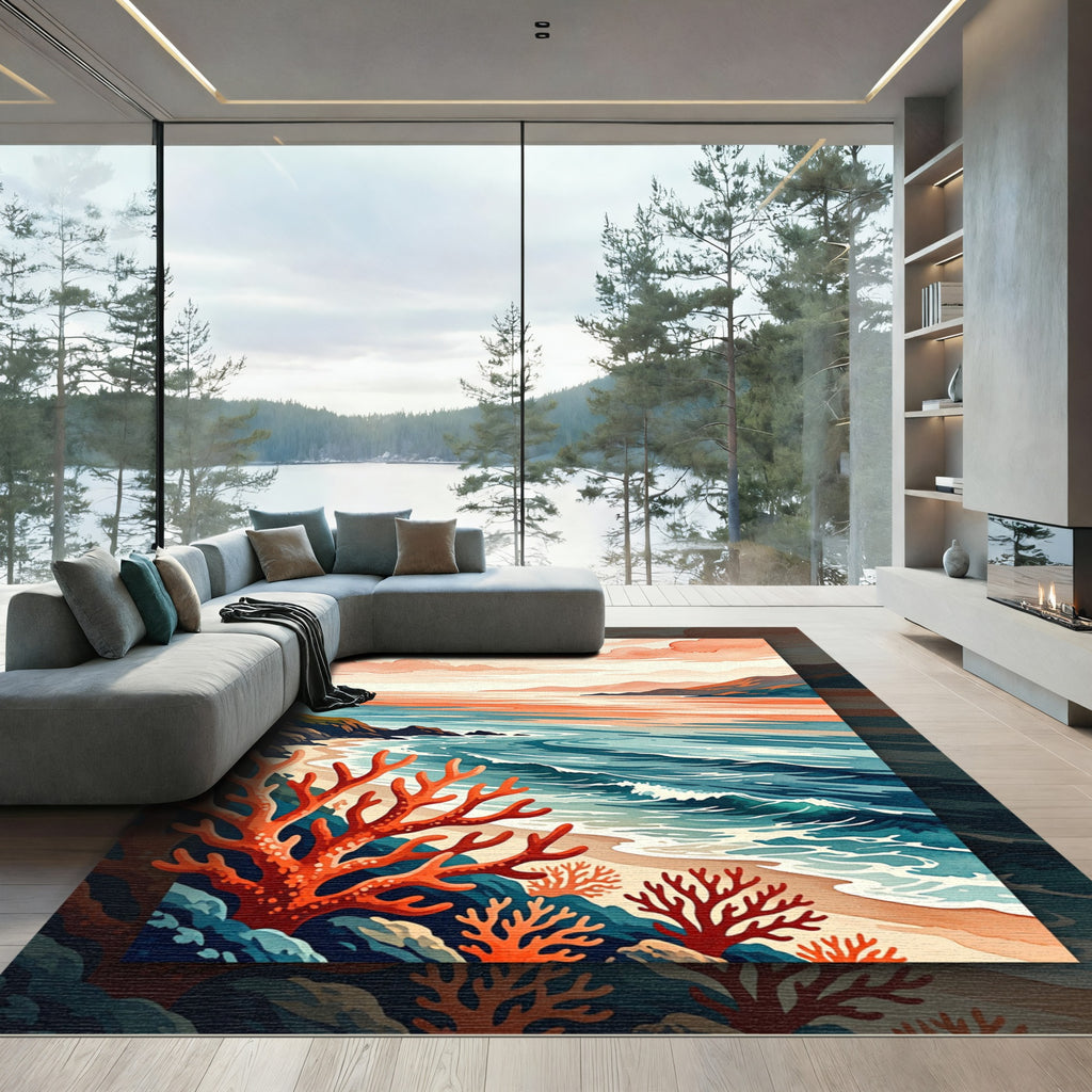 Coastal Sunset Coral Reef Landscape Rug