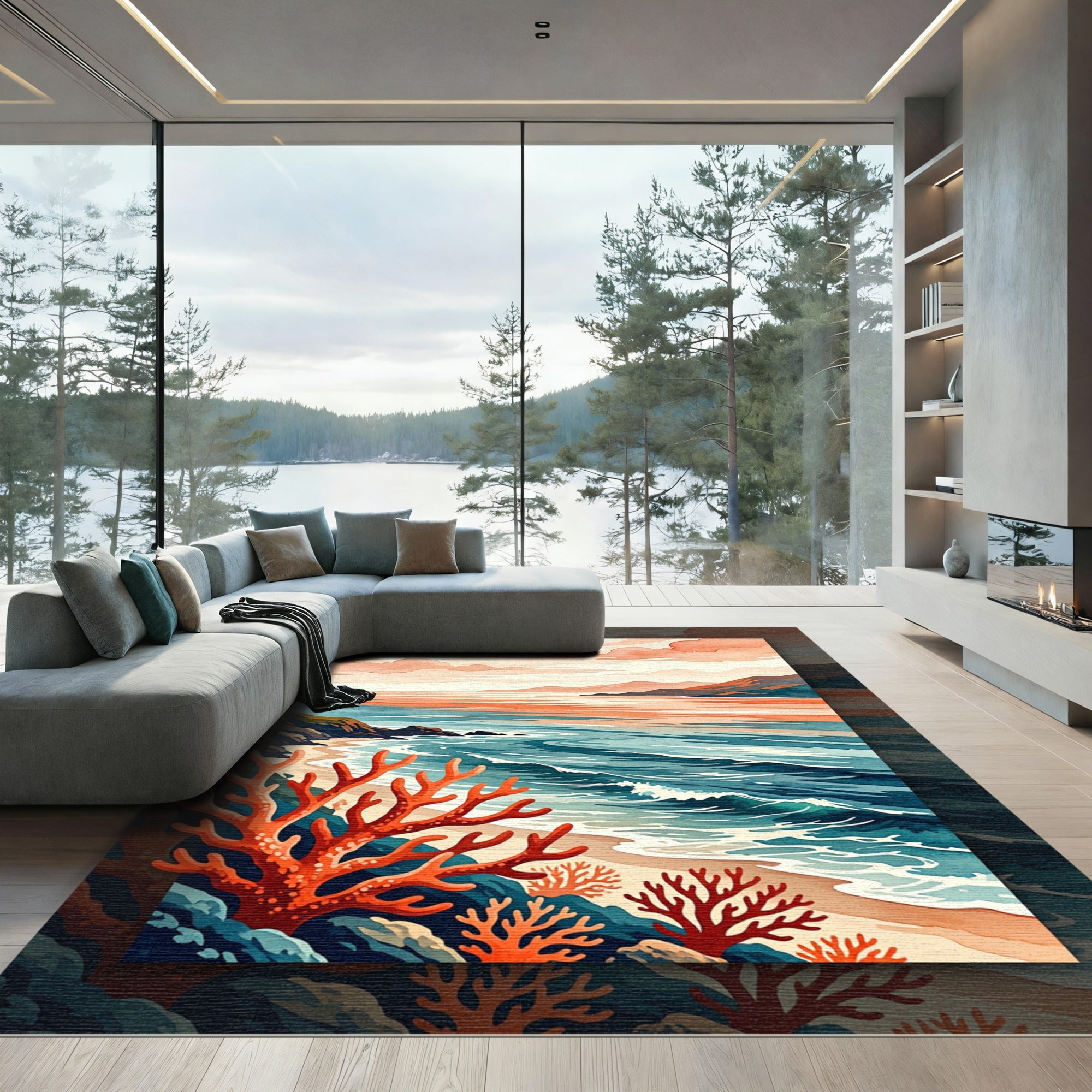 Coastal Sunset Coral Reef Landscape Rug