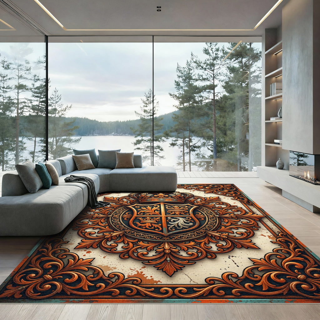 Ornate Copper Royal Crest Medallion Rug