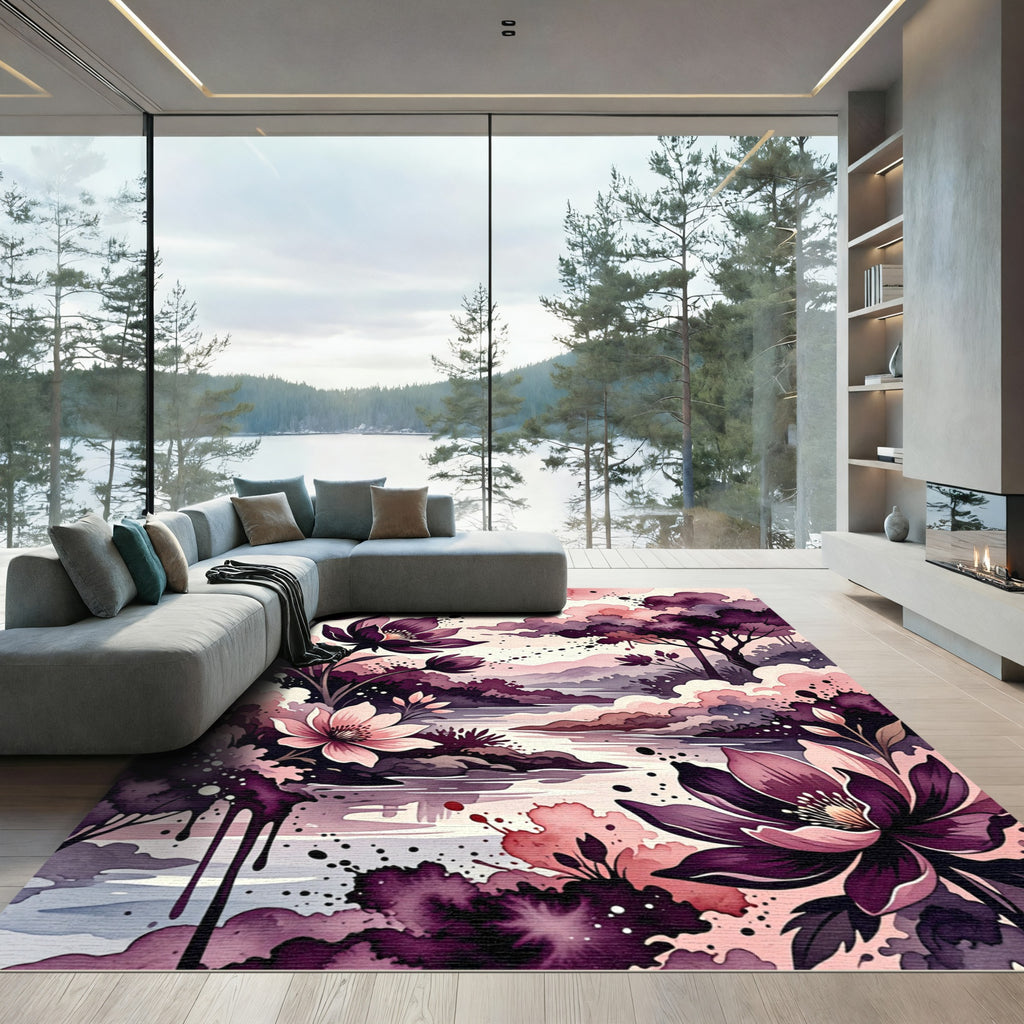 Watercolor Plum Floral River Landscape Rug