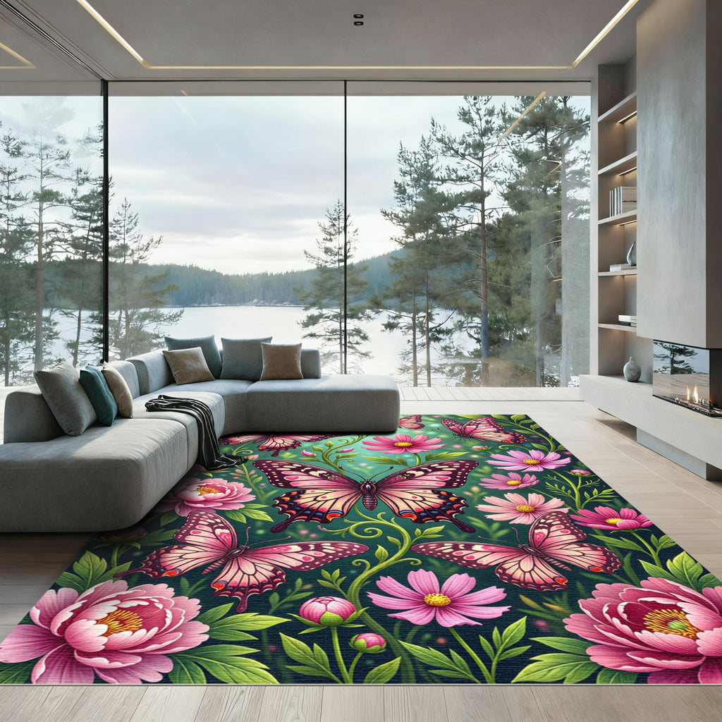 Pink Butterfly Garden Floral Collage Rug