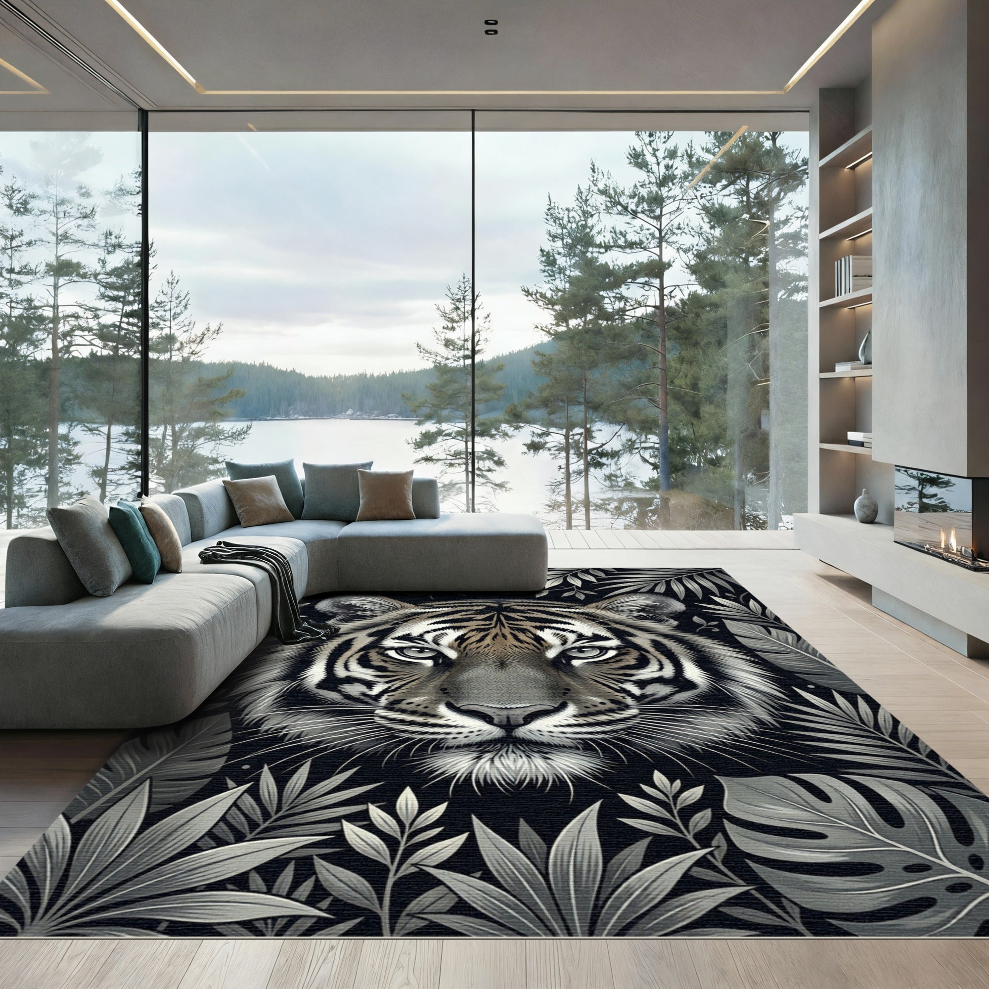 Monochromatic Tiger Jungle Foliage Rug