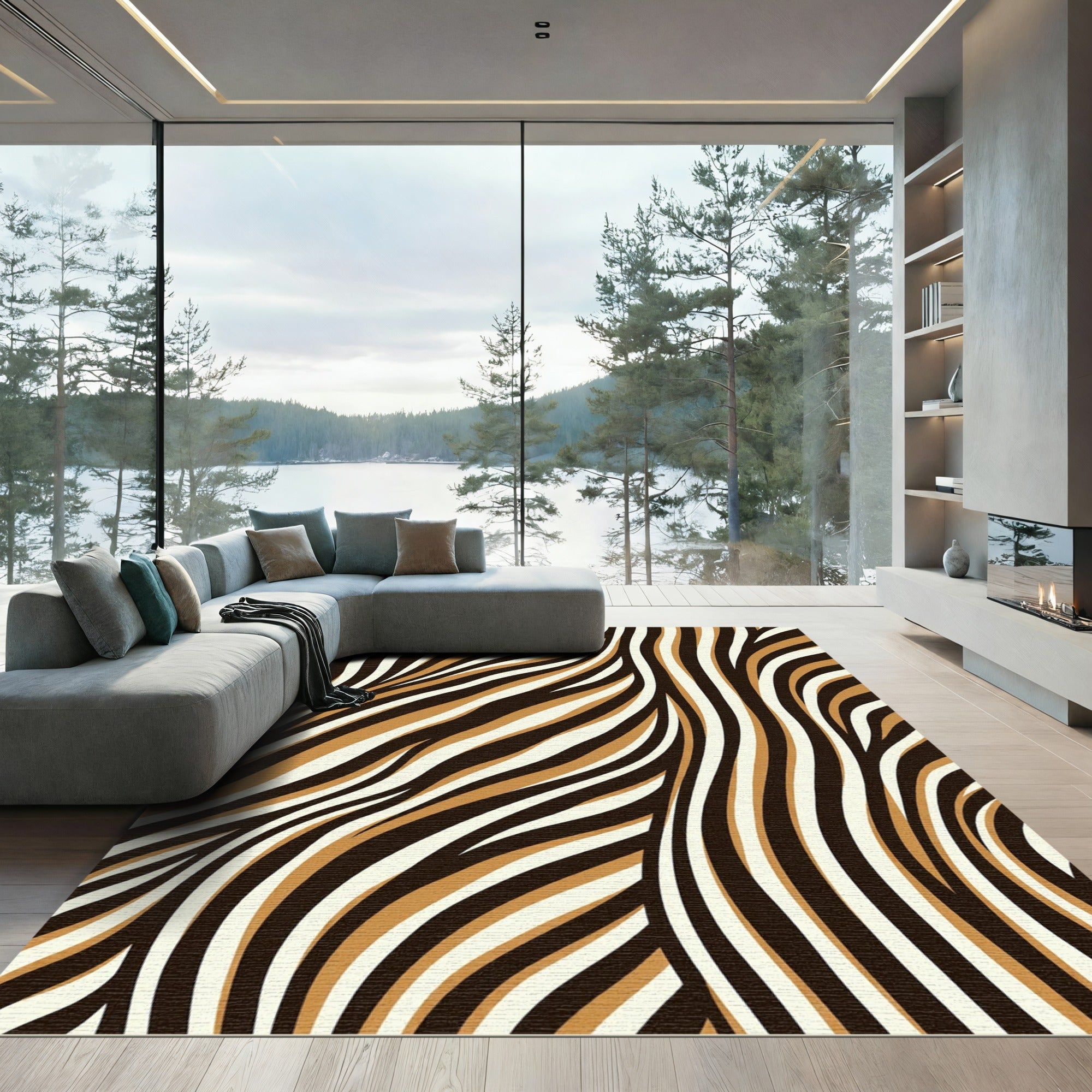 Abstract Caramel and Onyx Zebra Stripe Rug