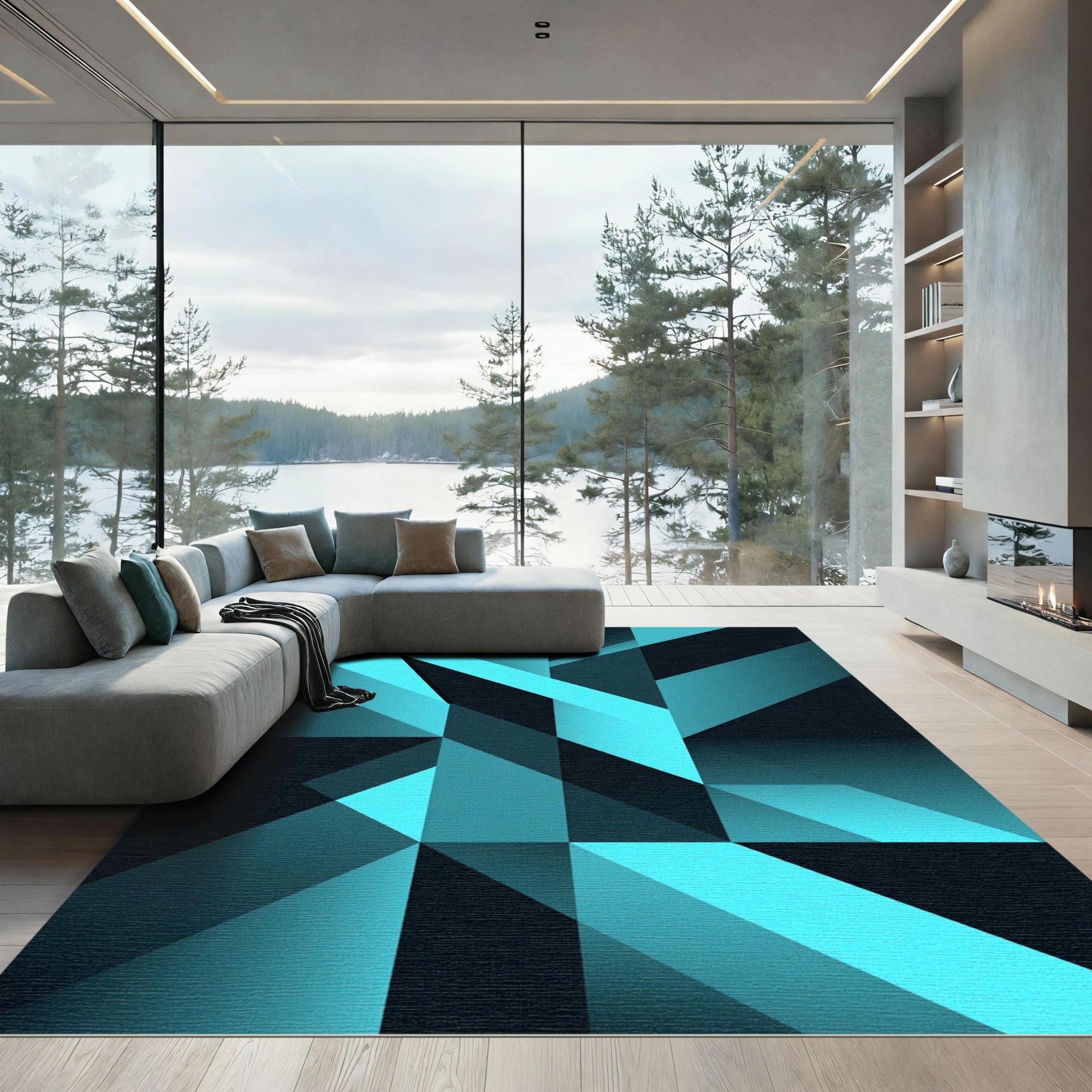 Modern Cyan Black Geometric Abstract Surface Rug