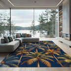 Golden Tropical Palm Foliage Navy Rug