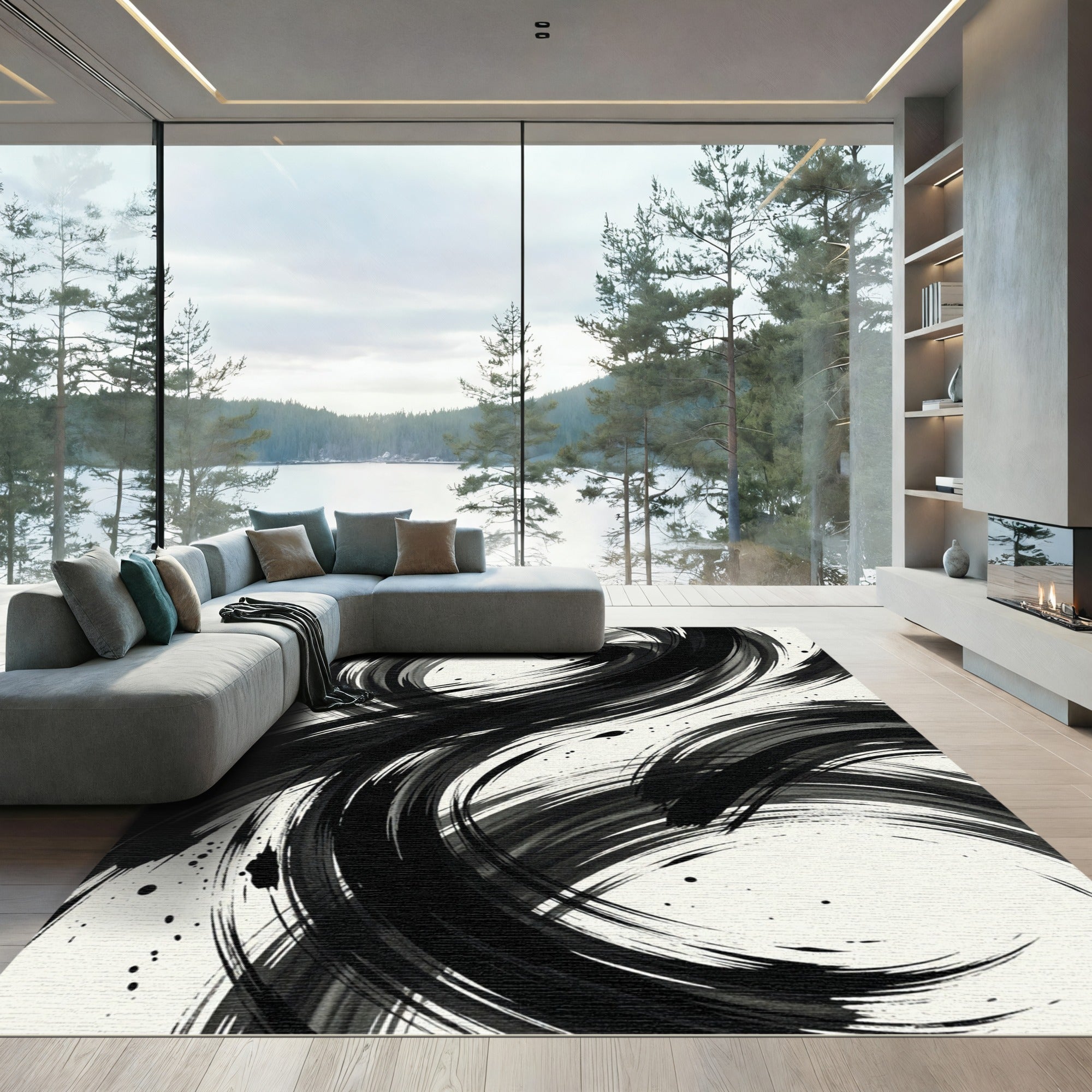 Modern Monochrome Abstract Ink Swirl Rug