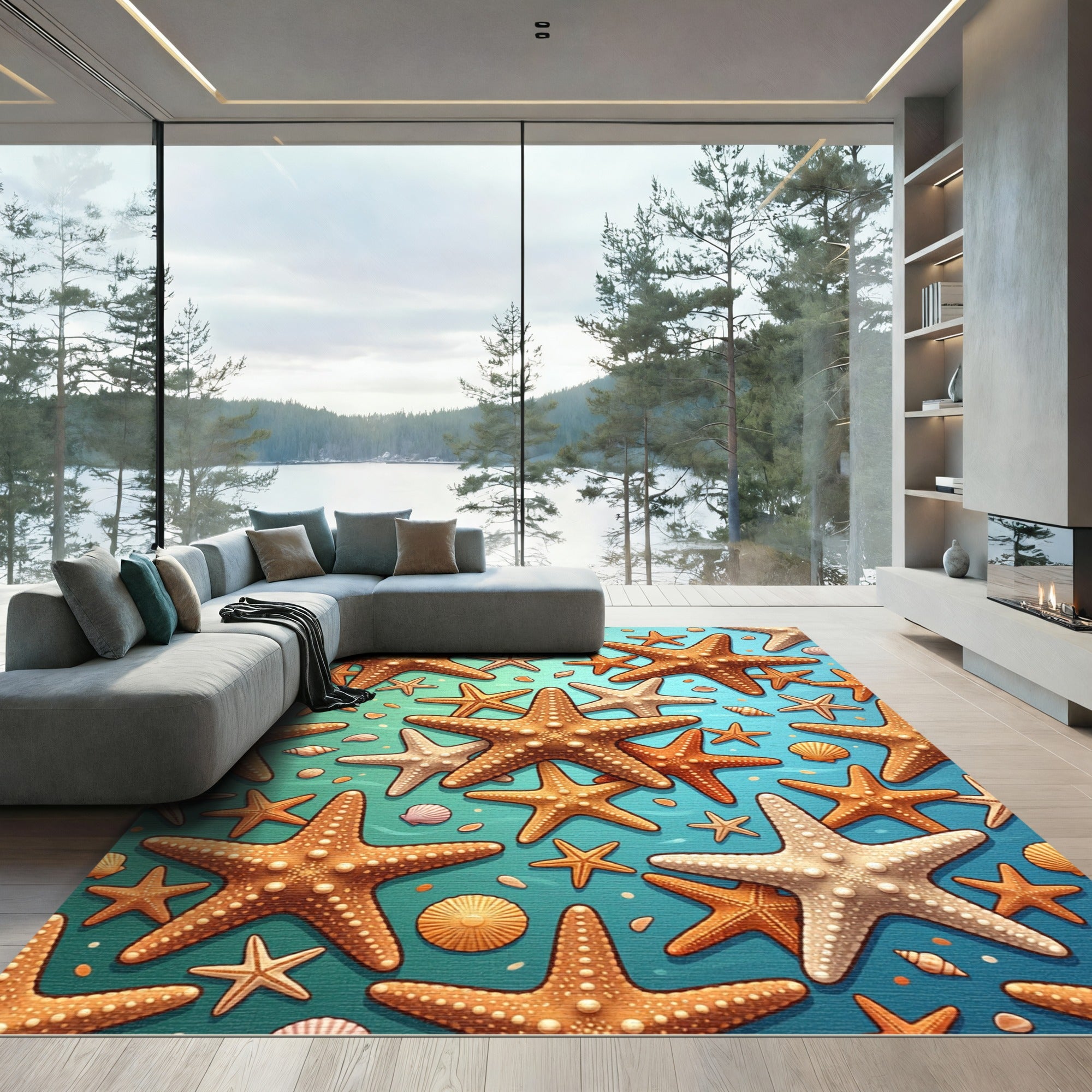 Coastal Starfish and Seashell Aqua Ocean Rug