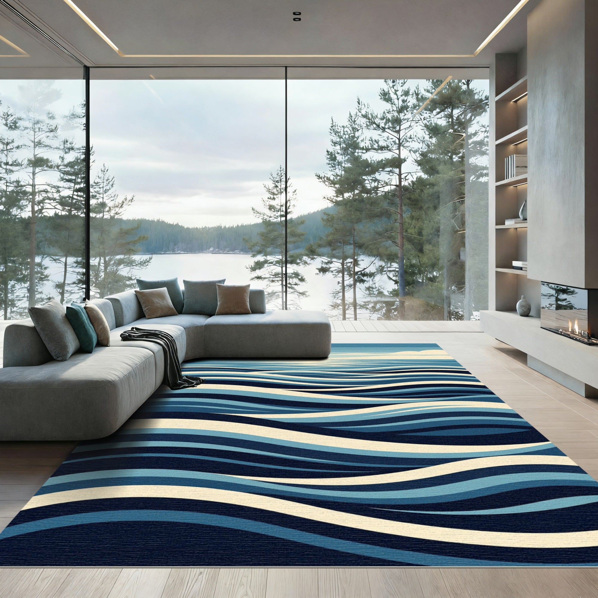 Modern Navy Blue Wavy Ocean Rug