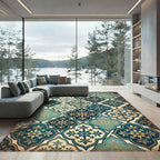 Teal and Gold Damask Quatrefoil Rug