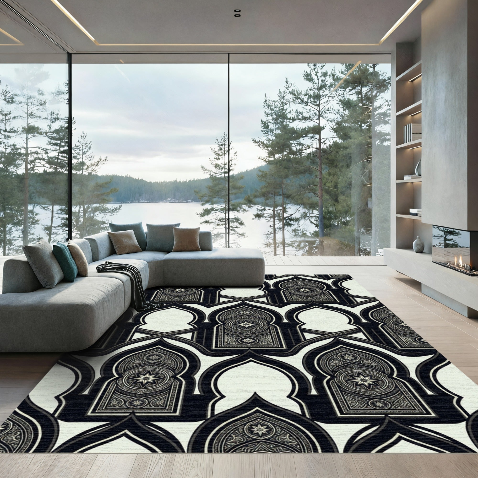 Monochrome Geometric Star Arched Lattice Rug