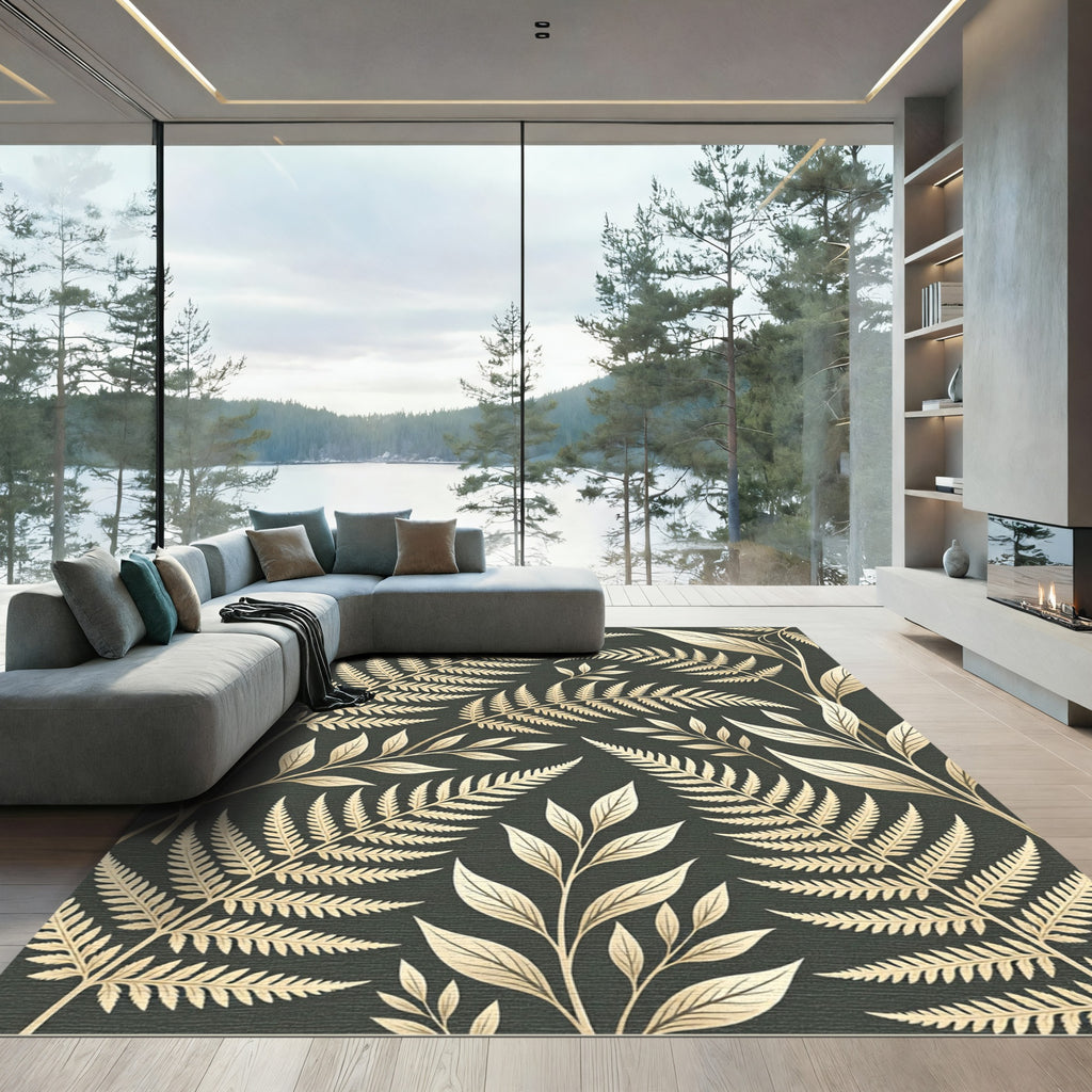 Golden Fern Botanical Foliage Art Rug