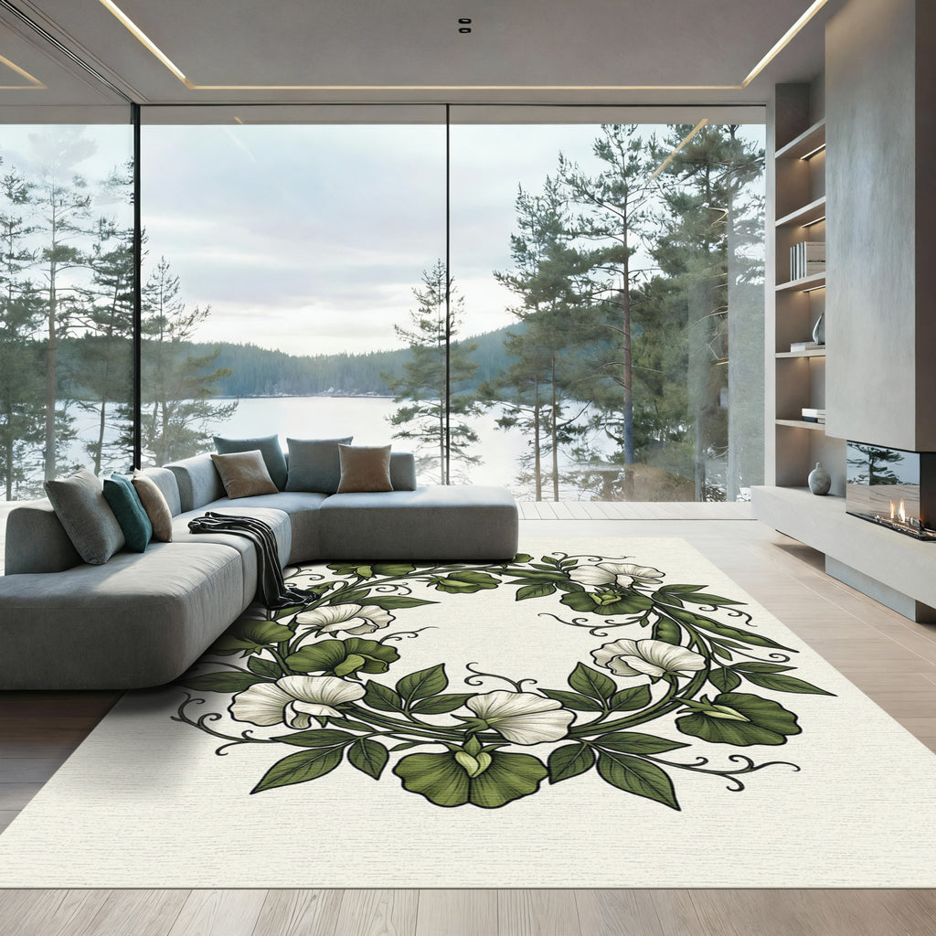 Botanical Green White Sweet Pea Wreath Rug