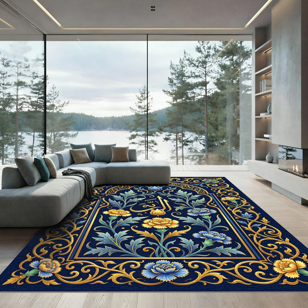 Gilded Floral Navy Arabesque Medallion Rug